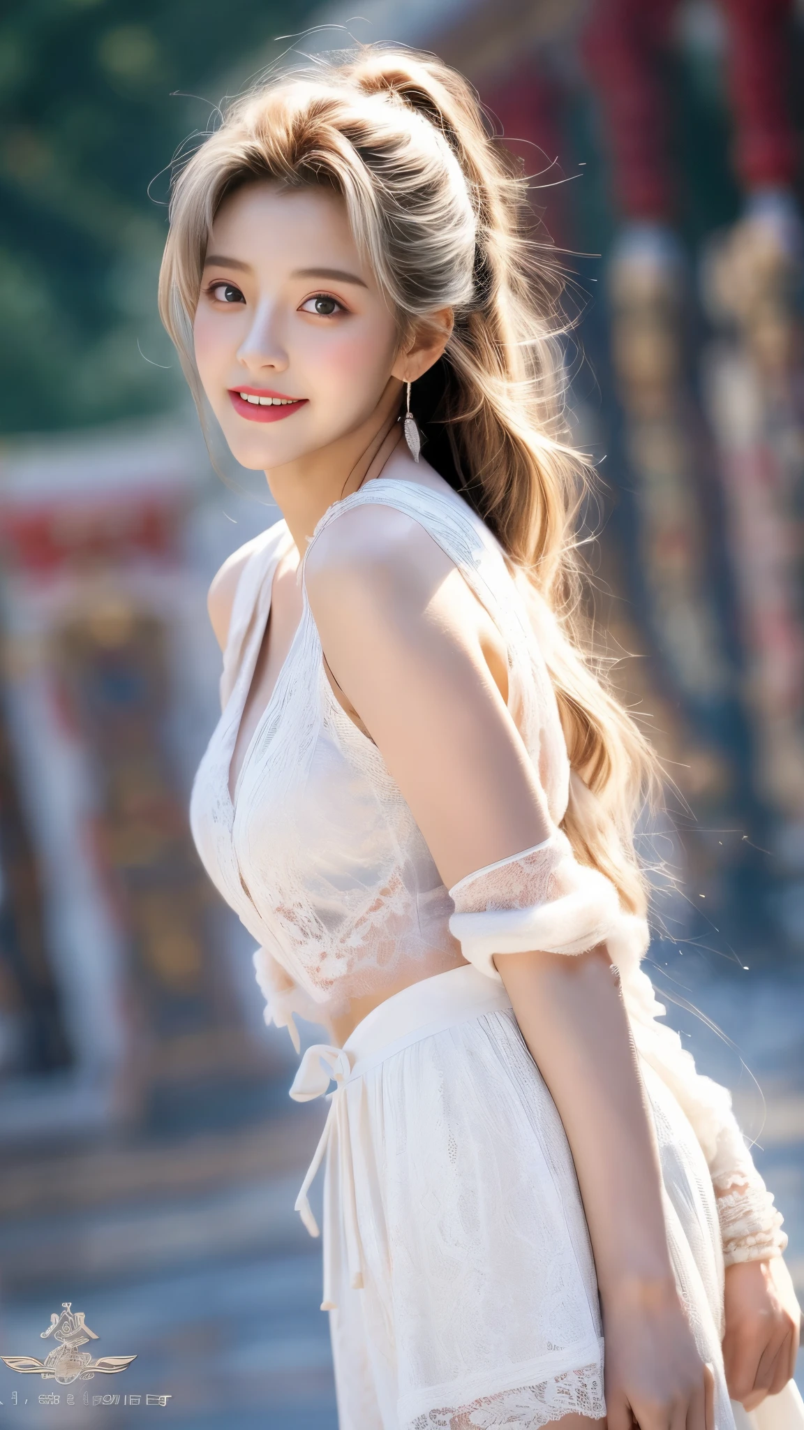 ((Best quality at best,tmasterpiece,ultra high resolution)),(realistically:1.4),(Korean celebrity poster sample),1 busty girl,From head to knee,dynamicposes,adult face,Slim,(ssmile),(shiny skins),(contours,Street,natta),White hair,Long gray hair,黑The eye,(Cleavage is large),Top fashion,((white plush coat)),Lace,(short skirt),(Blizzarding:1.5,Chinese pavilions),(Clear eyes),(Clear nose),(Clear lips),(Fair skin),(Ultra-realistic textile textures)
