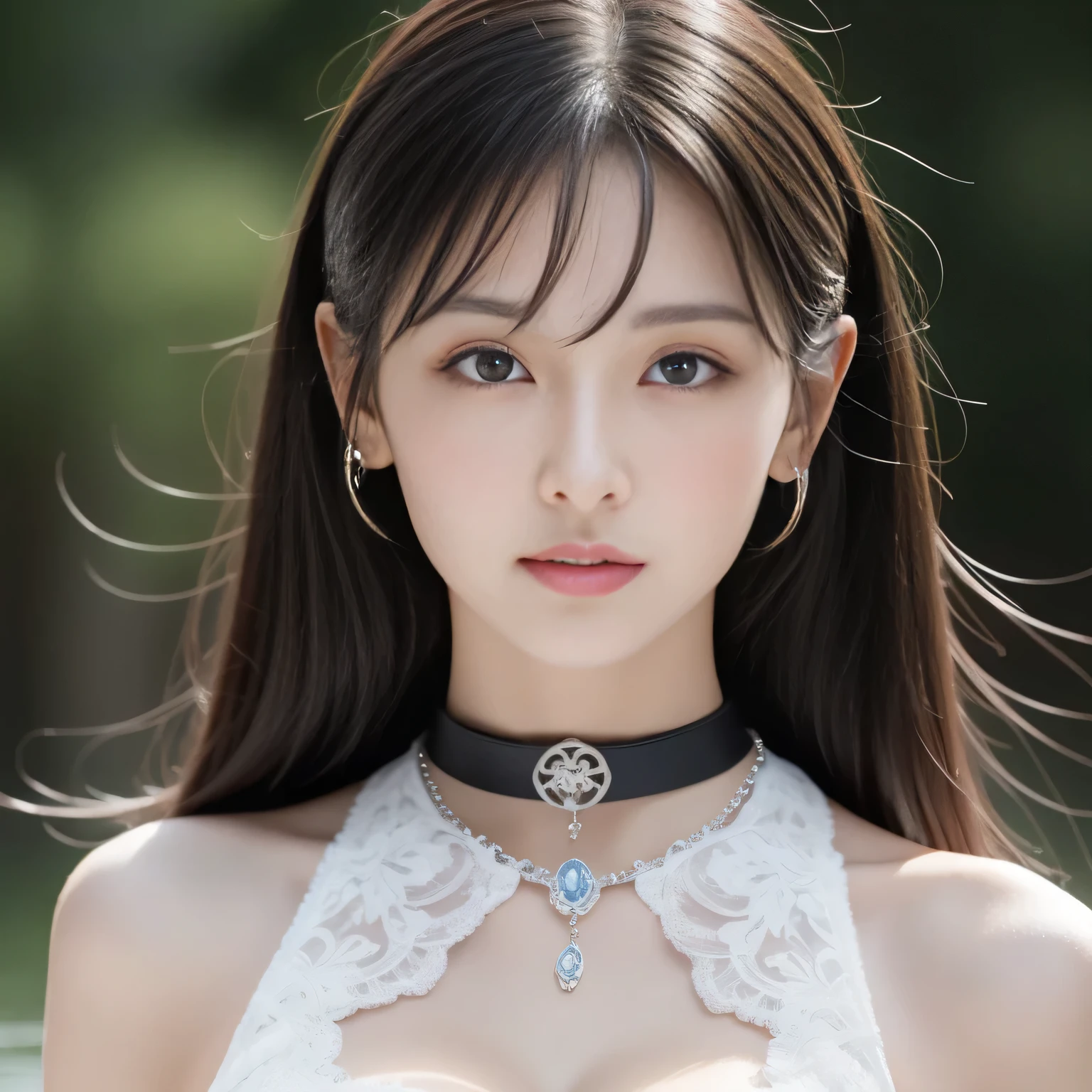 perfect figure beautiful woman:1.4,Layered Hair Style,Protruding cleavage,Black two-dimensional clothing:1.5,Highly Detailed Face and Skin Textur,double eyelid,Whiten the skin,long whitr hair,playing water,Collar