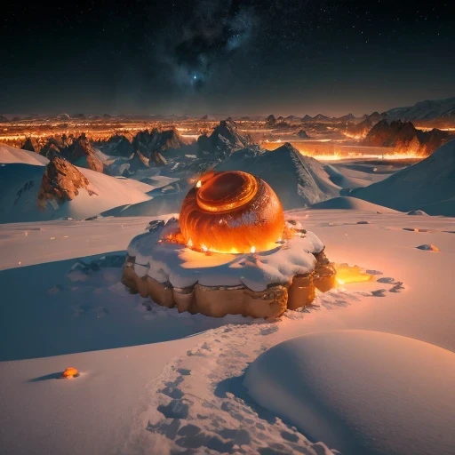 Saturn Landforms,Tilt-shift telephoto,Halogen Giant Snail God Rectangular Stone Jadeite Bright Orange Field,AD 6910,Ka Odyssey,Fire shines on ice and snow in the middle of the night,Unreal Engine,cyberpunk apocalypse,science fiction stereogram,digital 3d,CG art