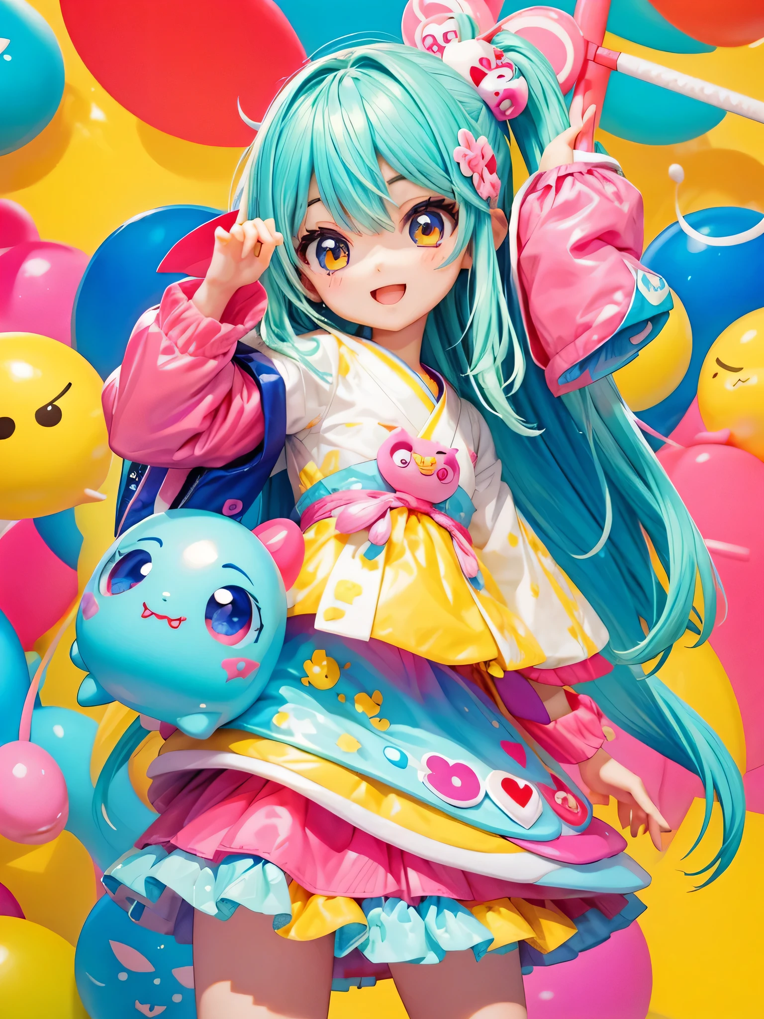 Fujio Akatsuka Style, Kawaii Design, most beautiful girl ever、Chibi, best smile、colorful little monster, cute