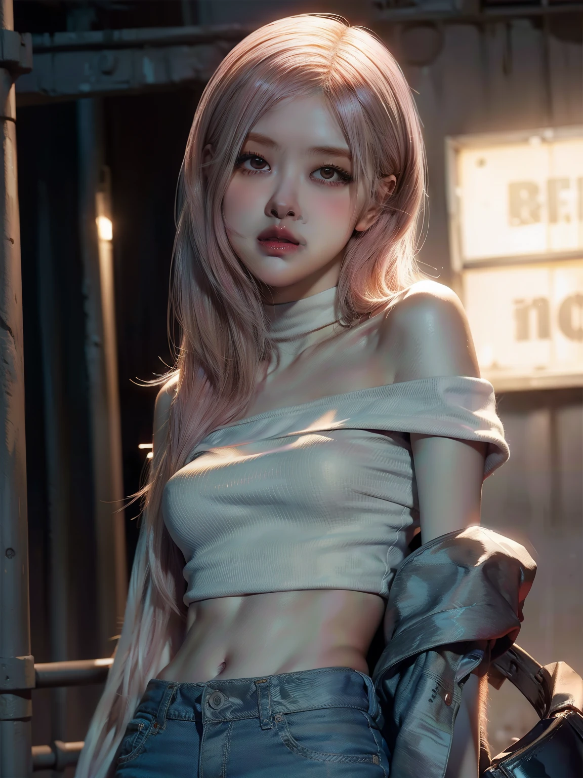 Urban Beautiful Girl College Student，tmasterpiece，Light makeup，Redlip，pink hair，Messy hair，streets background，gracefulness，Elegance。ultra fine detailed，Works of masters，Authentic texture，Cinematic lighting realism，perfect works，8K，k hd，Delicate facial features，White skinny turtleneck top，White skinny shorts，Slim figure，Big bright eyes，Smooth skin，eardrop，choker necklace
