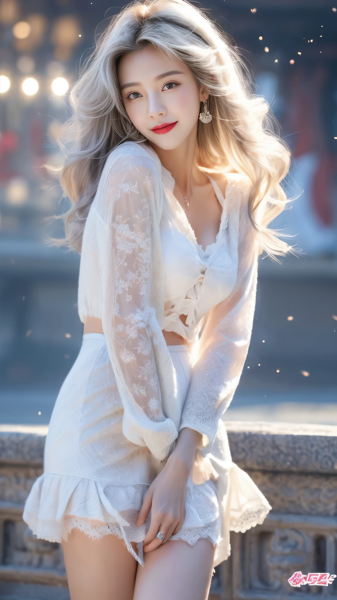 (（Best quality at best，tmasterpiece，ultra high resolution）)，（realistically：1.4），(Korean celebrity poster sample)，1 busty girl，From head to knee，dynamicposes，adult face，Slim，(ssmile)，（shiny skins），（contours，Street，natta），White hair，Long gray hair，黑The eye，（Cleavage is large），Top fashion，（（white plush coat）），Lace，(short  skirt)，（Blizzarding：1.5，Chinese pavilions），(Clear  eyes)，(Clear nose)，(Clear lips)，(Fair skin)，(Ultra-realistic textile textures)
