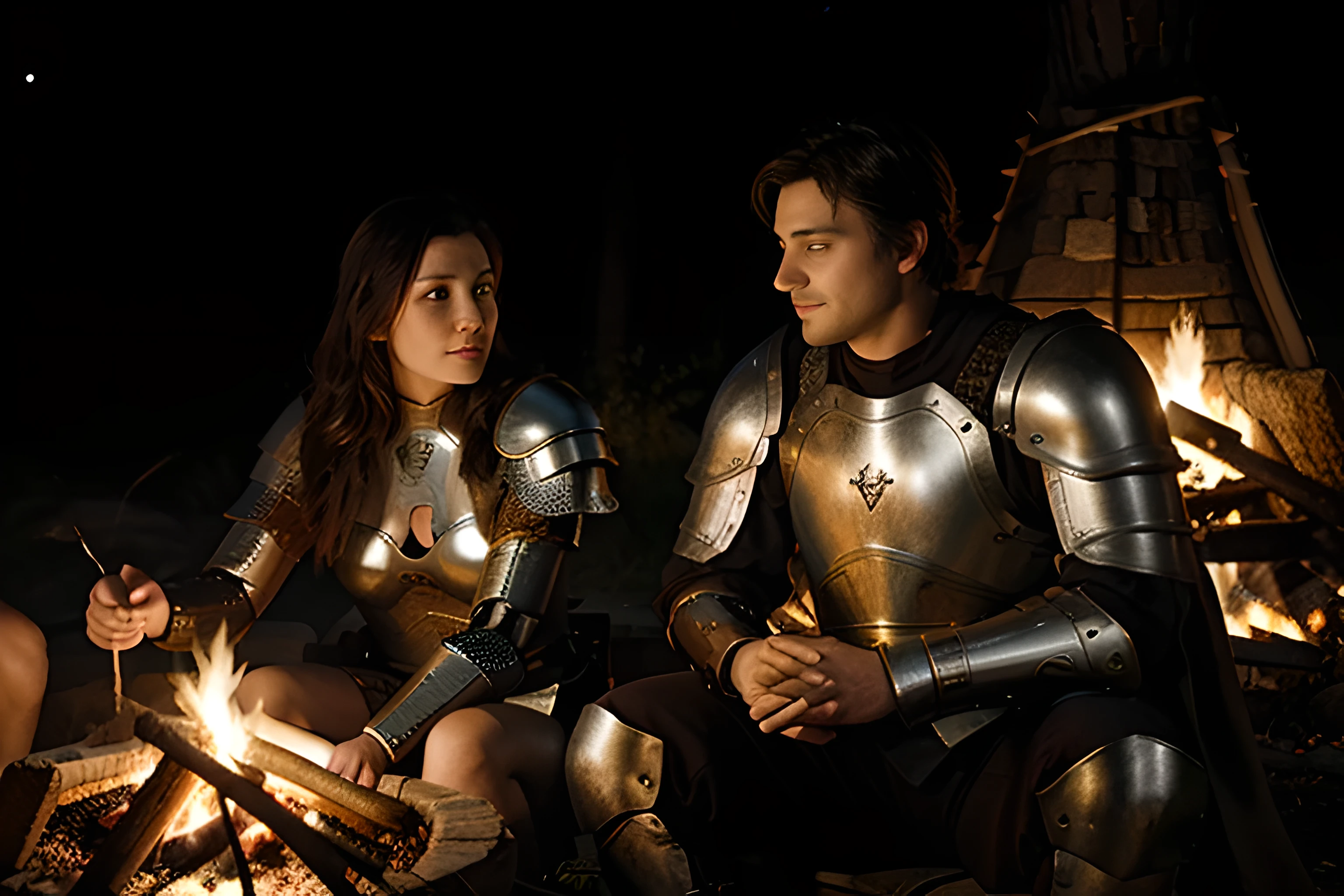 Man and woman in medieval fantasy armor sitting near campfire at night