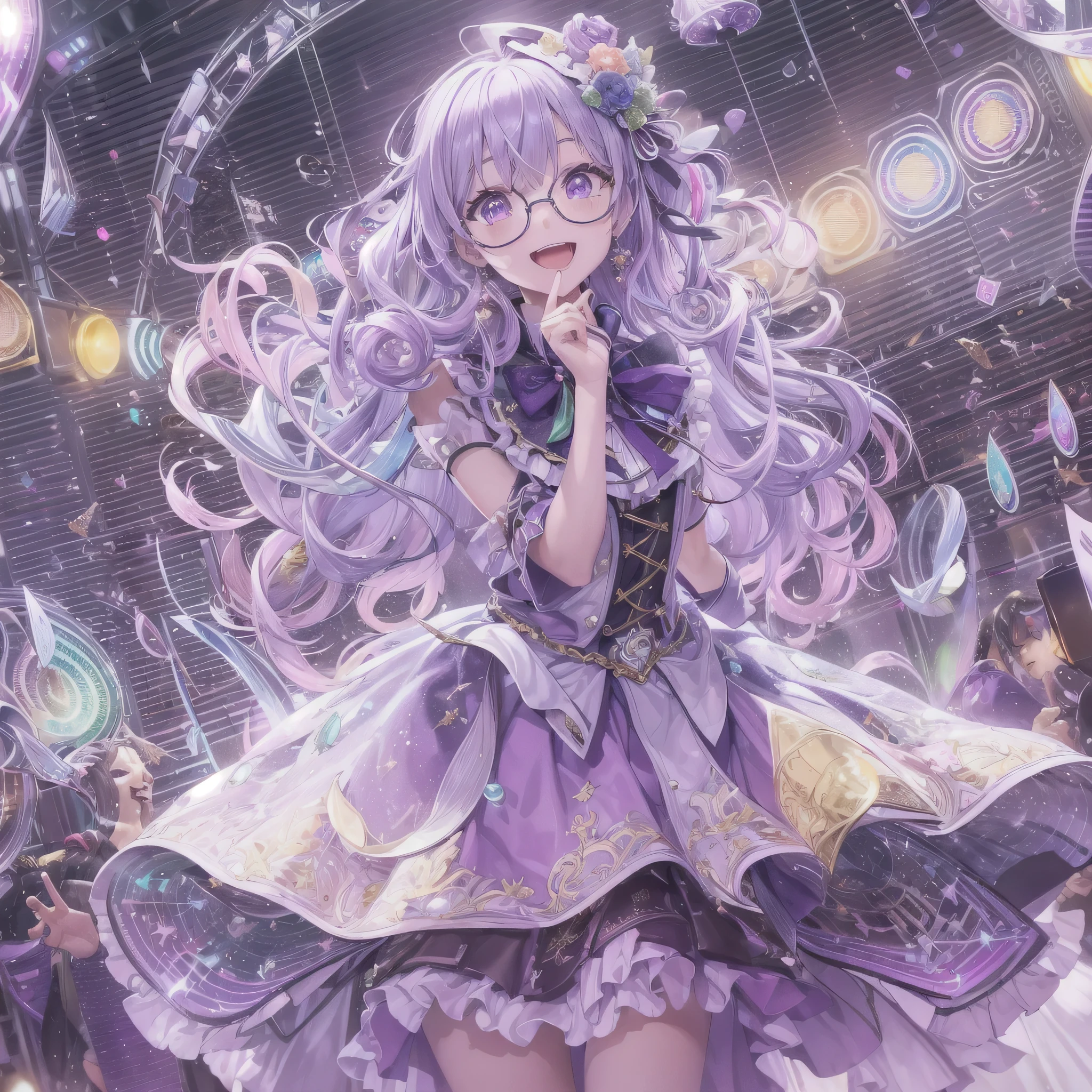 (vivid color,phantom:1.2),(water droplets,rainbow,Sound wave:1.3),lighting,extremely detailed, 4K, 8K, best quality, beautiful, watercolor pencil, colorful, a cute girl, 1girl, solo, [(green meadow, daytime:1.4):5],smile, heart effect,(idol dress, idol skirt, idol coat,idol boots:1.5),(idol smile:1.8),(action:1.5),(fantasy background:1.4)(live,live performance,stage, spotlight, lens flare:1.5),(flat bust:1.5),17 years old,(1 girl)、cinematic lighting, art station trends, a cute girl,(spectacles:1.3)、(beautiful purple hair,silky hair, shiny hair:1.4), (beatiful white hair,spiral curls:1.2)、(small top hat:1.1)、Gothic Lolita、white luxury cape、(singing:1.6)