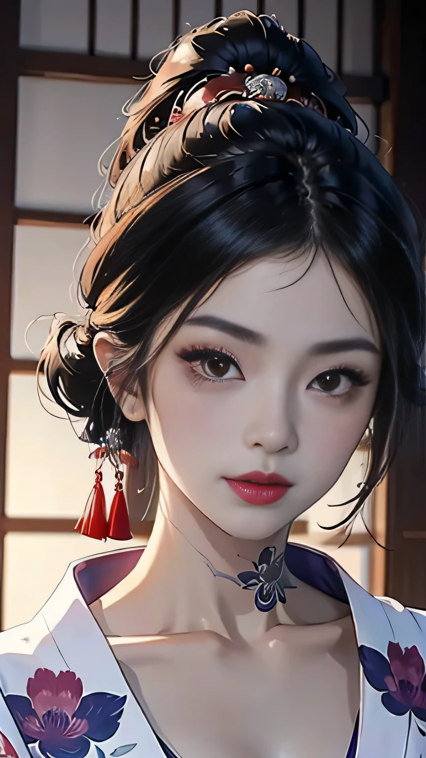 Mujer japonesa, Samurai, tatuaje en el cuerpo, hermosa, rostro detallado, cuerpo completo, kimono sexy corto, ojos lindos