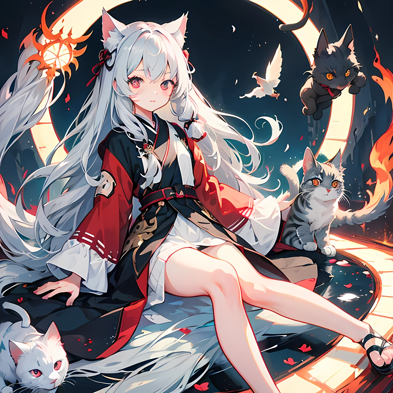 gray hair、long hair、Clear red eyes、cute、girl、Cat
