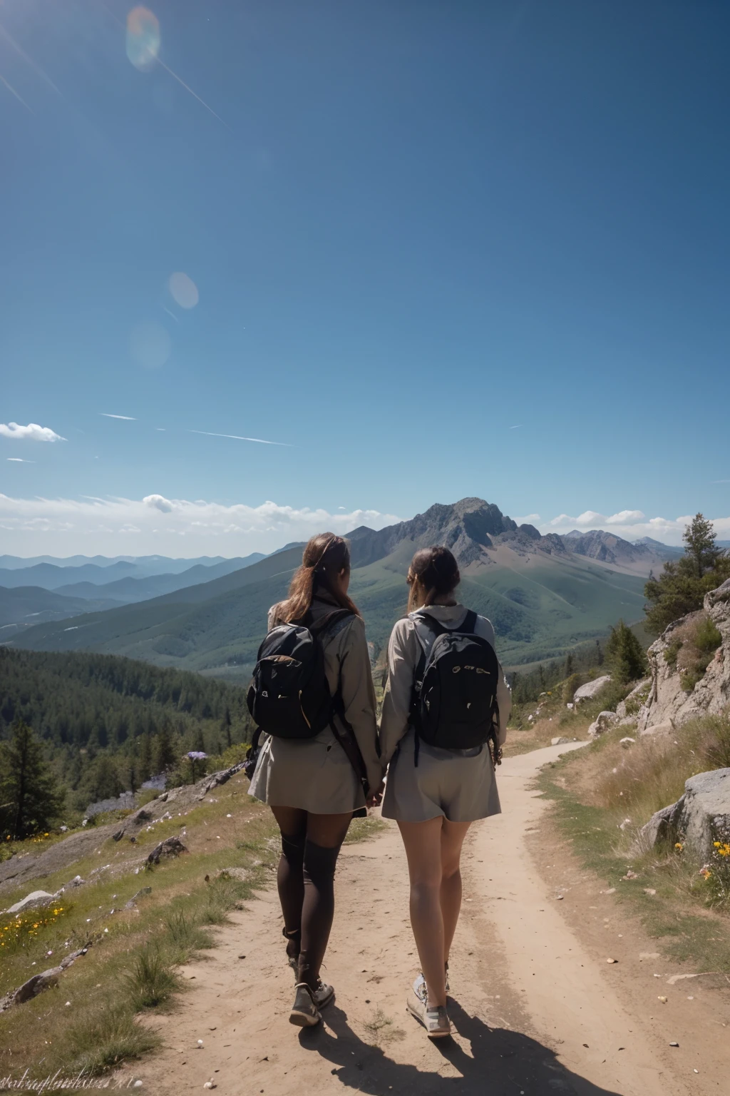 Two pathfinders wearing scarves with backpacks on their backs on top of a mountain in front of a light portal that says &#39;&#39;towards eternity" emforma de botom