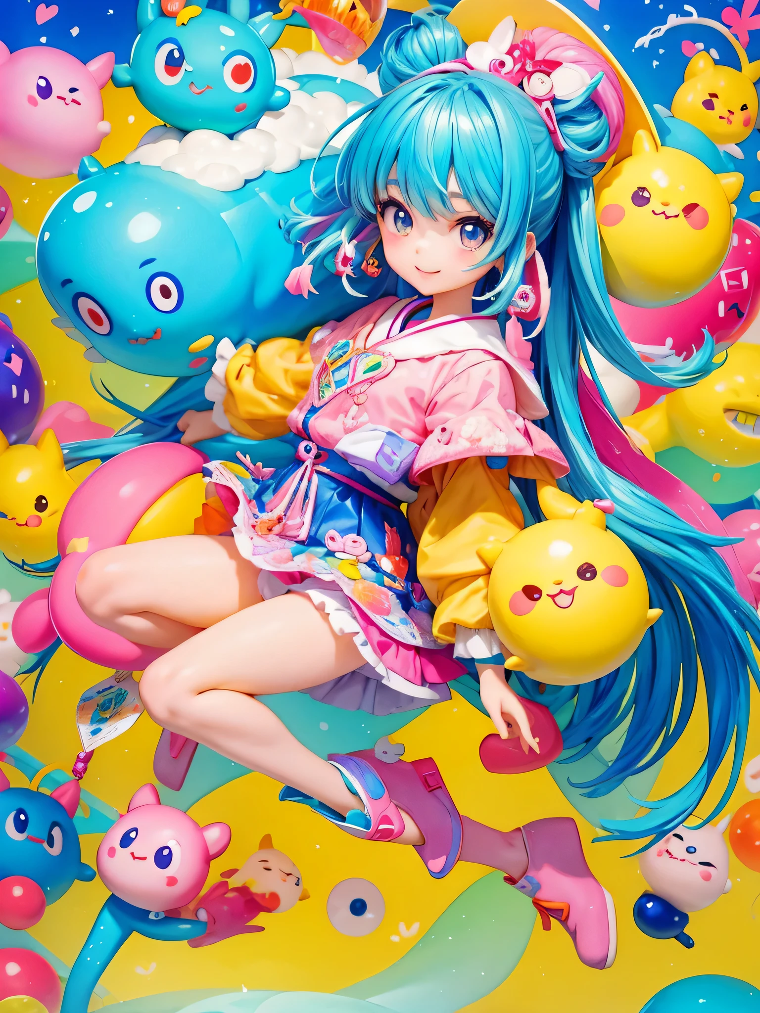 Fujio Akatsuka Style, Kawaii Design, most beautiful girl ever、best smile、lots of colorful little monsters