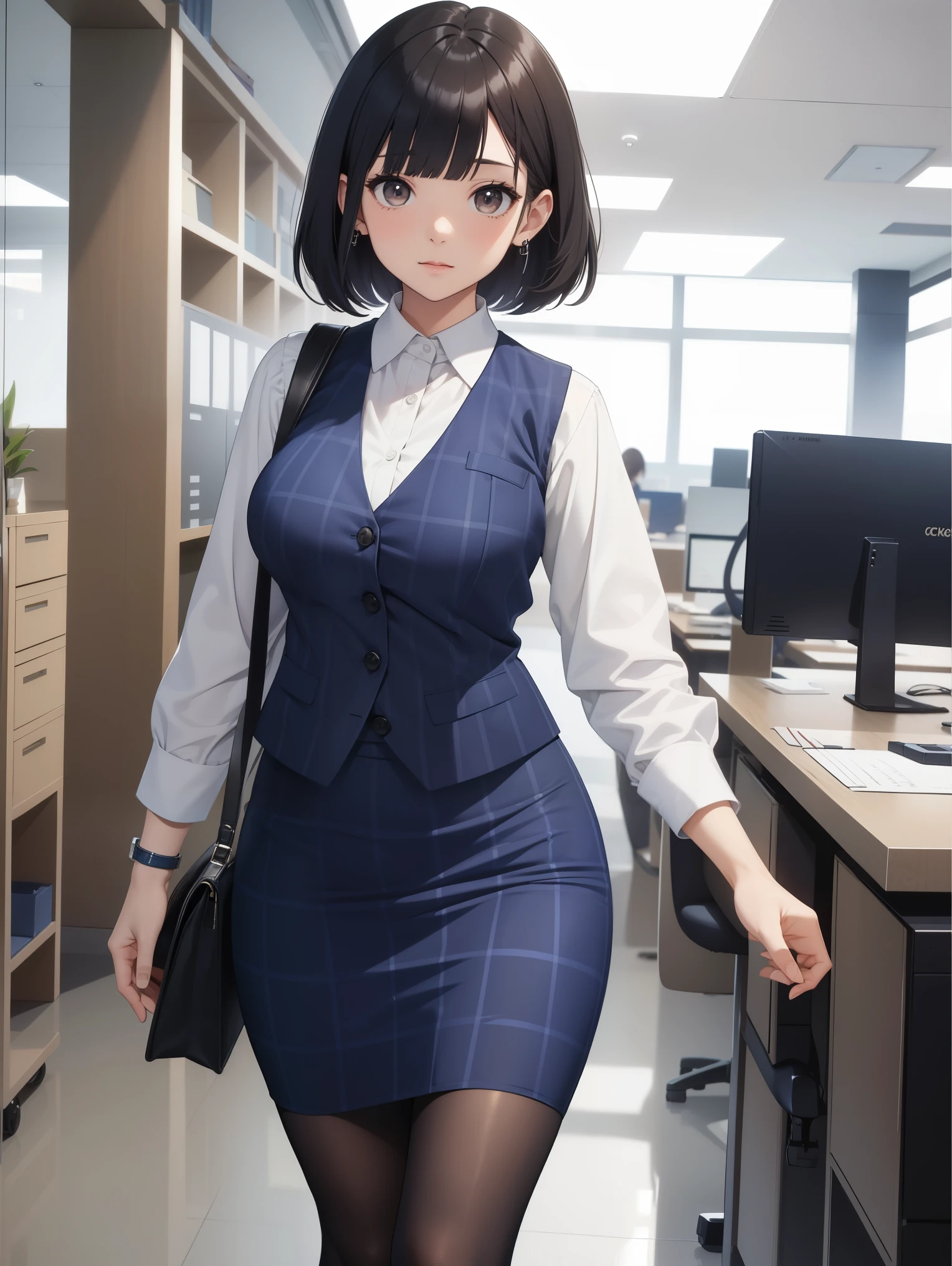 highest quality, debris flies、pretty woman、officeレディー、black hair、(brown eyes、big breasts、blunt bangs)、short hair、チェック柄のダークブルーのofficeスーツ)、new employee,full body shot、Female OL、break(checkered dark blue vest、white cutter shirt、Navy blue long tight pencil skirt:1.2)、(black tights、high heels)、break(office:1.3)