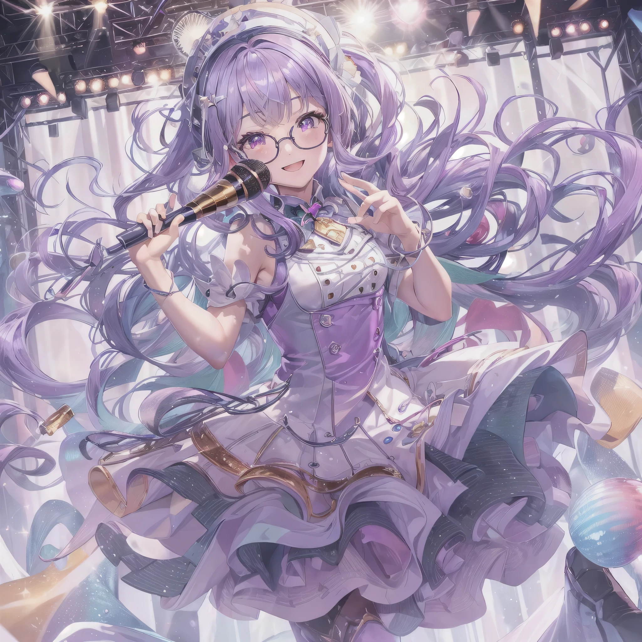 (vivid color,phantom:1.2),(water droplets,rainbow,Sound wave:1.3),lighting,extremely detailed, 4K, 8K, best quality, beautiful, watercolor pencil, colorful, a cute girl, 1girl, solo, [(green meadow, daytime:1.4):5],smile, heart effect,(idol dress, idol skirt, idol coat,idol boots:1.5),(idol smile:1.8),(action:1.5),(fantasy background:1.4)(live,live performance,stage, spotlight, lens flare:1.5),(flat bust:1.5),17 years old,(1 girl)、cinematic lighting, art station trends, a cute girl,(spectacles:1.3)、(beautiful purple hair,silky hair, shiny hair:1.4), (beatiful white hair,spiral curls:1.2)、(small top hat:1.1)、Gothic Lolita、white luxury cape、(singing:1.6)