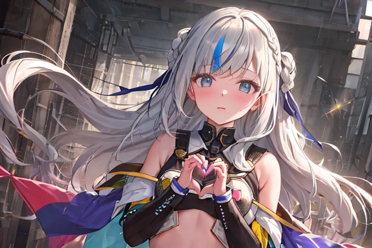 cinematic angle, face towards the sky, depthoffield, incredibly detailed, 1 girl, Fluttering long hair, flipped hair, Air bangs, side braid, streaked hair, floating hair, cute face, ,D, Bare navel, Iridescence and rainbow eyes, Beautiful accessories, super clothes detailed, sparkle, extremely detailed, absurdres, highres, Make a heart shape with both hands and place it on your chest,