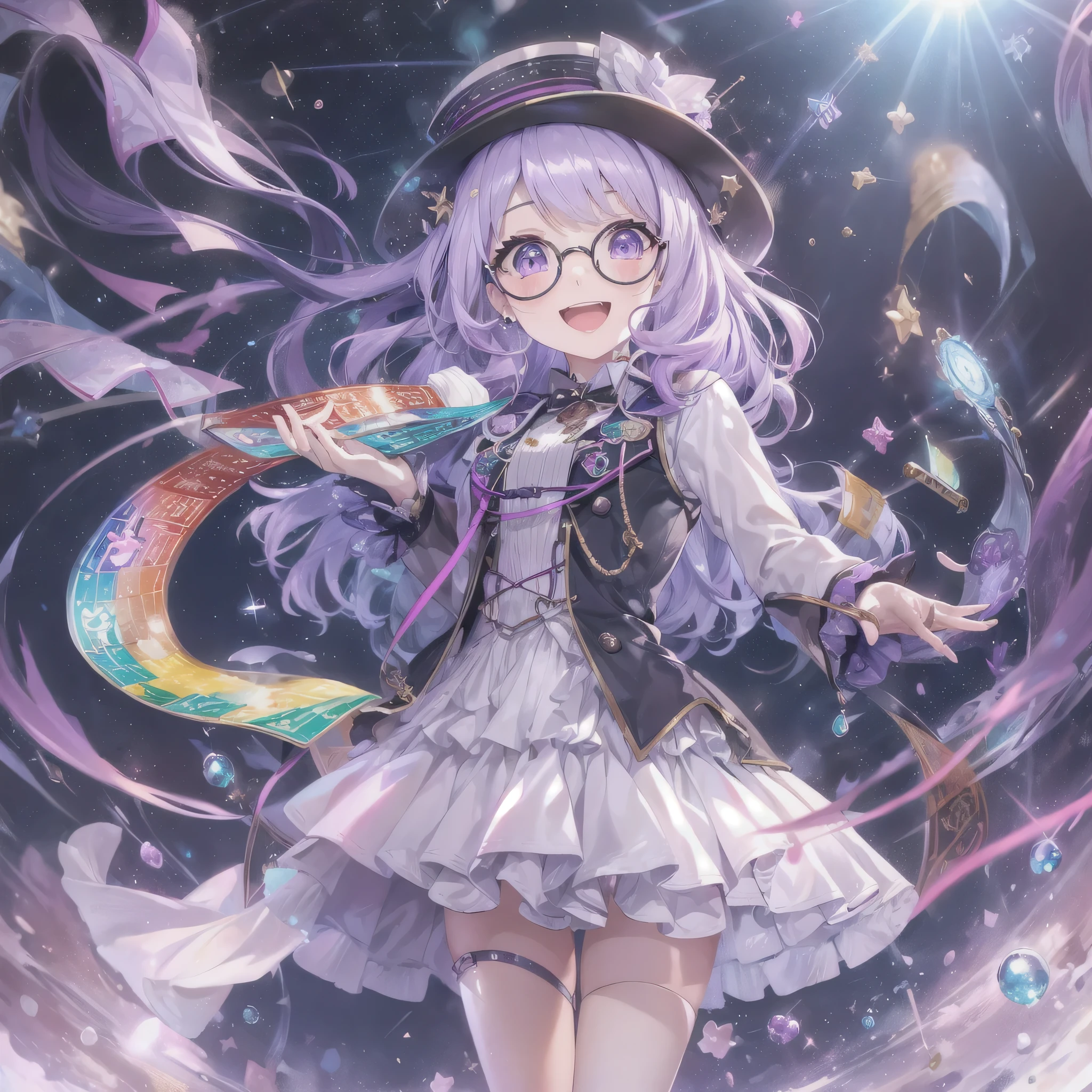 (girl manga),(vivid color,phantom:1.2),(water droplets,rainbow,Sound wave:1.3),lighting,extremely detailed, 4K, 8K, best quality, beautiful, watercolor pencil, colorful, a cute girl, 1girl, solo, [(green meadow, daytime:1.4):5],smile, heart effect,(idol dress, idol skirt, idol coat,idol boots:1.5),(idol smile:1.8),(action:1.5),(fantasy background:1.4)(live,live performance,stage, spotlight, lens flare:1.4),(flat bust:1.5),,(1 girl)、cinematic lighting, art station trends, a cute girl,(spectacles:1.3)、(beautiful purple hair,silky hair, shiny hair:1.4), (beatiful white hair,spiral curls:1.2)、(small top hat:1.1)、Gothic Lolita、whiteury cape、(singing:1.5)