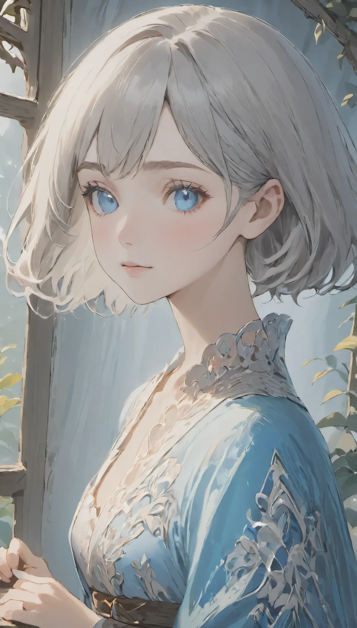 ((high quality)),table top,(Detailed depiction of local details:1.2),1 girl,blue eyes,plump breasts,Enchanted Valley,closed mouth,eyelash,looking at the viewer,portrait,alone,Upper body,gray hair,white theme,short hair,silver hair,Yoruhano. 2 Type B,