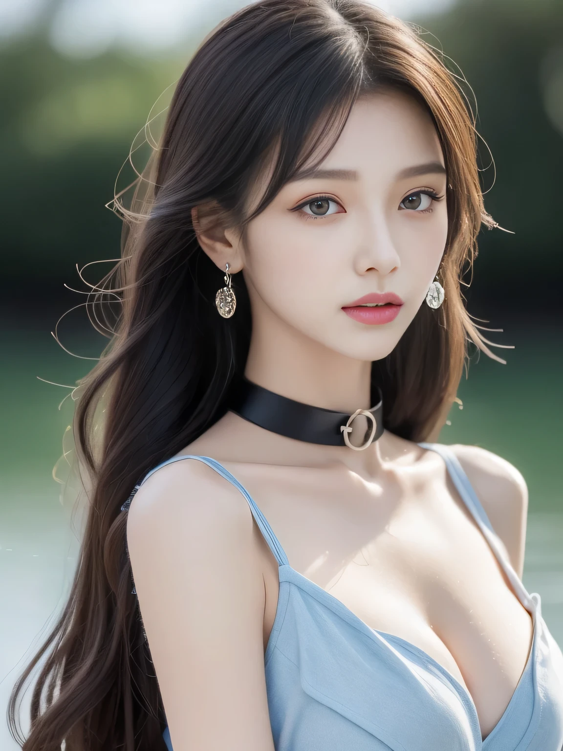 perfect figure beautiful woman:1.4,Layered Hair Style,Protruding cleavage,Black two-dimensional clothing:1.5,Highly Detailed Face and Skin Textur,double eyelid,Whiten the skin,long whitr hair,playing water,Collar