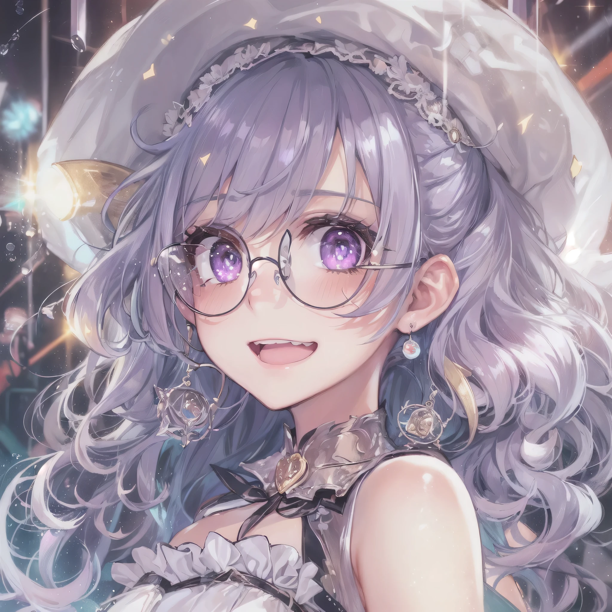 (girl manga),(vivid color,phantom:1.2),(water droplets,rainbow,Sound wave:1.3),lighting,extremely detailed, 4K, 8K, best quality, beautiful, watercolor pencil, colorful, a cute girl, 1girl, solo, [(green meadow, daytime:1.4):5],smile, heart effect,(idol dress, idol skirt, idol coat,idol boots:1.5),(idol smile:1.8),(action:1.5),(fantasy background:1.4)(live,live performance,stage, spotlight, lens flare:1.4),(flat bust:1.5),17 years old,(1 girl)、cinematic lighting, art station trends, a cute girl,(spectacles:1.3)、(beautiful purple hair,silky hair, shiny hair:1.4), (beatiful white hair,spiral curls:1.2)、(small top hat:1.1)、Gothic Lolita、white luxury cape、(singing:1.5)