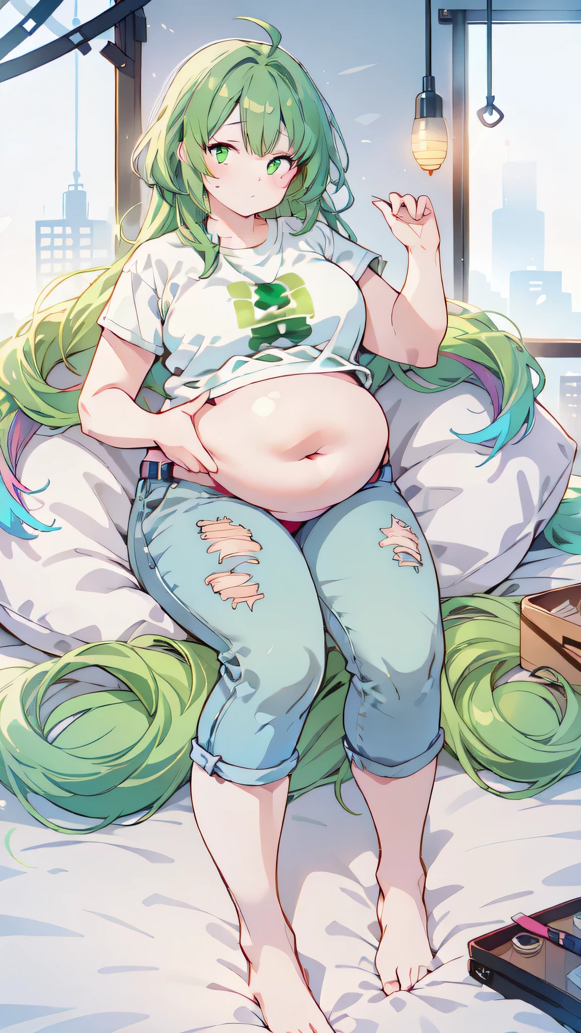 (big ass, thick thighs:0.7), (warm light source:1.2), intricate details, volumetric lighting, Realism BREAK(masterpiece:1.2), (top quality), 4K, ultra detail, (Dynamic configuration:1.4), Very detailed and colorful details,(rainbow colors:1.2), (shining lights, atmospheric lighting), dreamy, magical, (alone:1.2), intricate details, (fat, Belly Fat:1.5),1 belly button, cheeky expression, Sagging middle breasts, (green eyes:1.3), (Green long hair:1.5), (Hikikomori, jeans, white t shirt,:1.5),