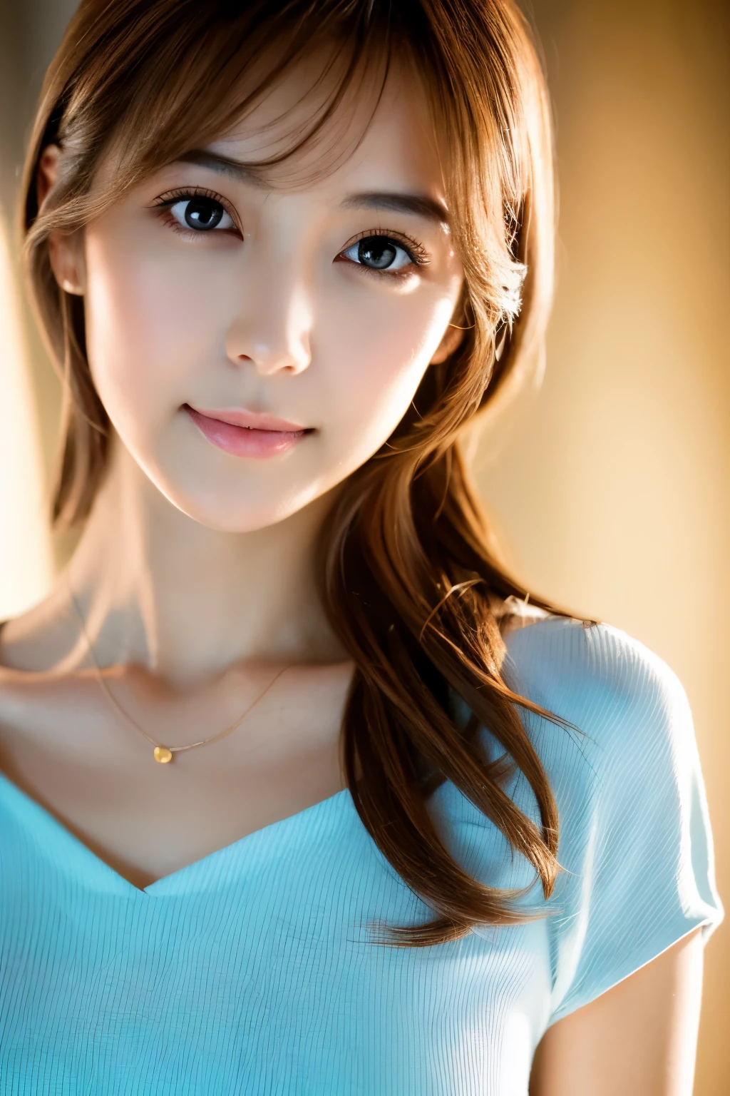 masterpiece, Best Quality, 8K, 1girl, Correct human hands, correct human fingers, Skinny Japanese woman, Cute, Girly, Delicate woman, Neat and clean beauty, small breast, very thin waist, sexy lips, luminescence, Looking away, Raw photo, F/1.8, 135 mm, CANON, Anatomically correct, bokeh,Textured skin, Professional Photography, Soft light, Professional Lighting, back light, Film grain, (Eyes and faces with detailed:1.0), brown hair, medium hair swaying in the wind, Silk Blouse,