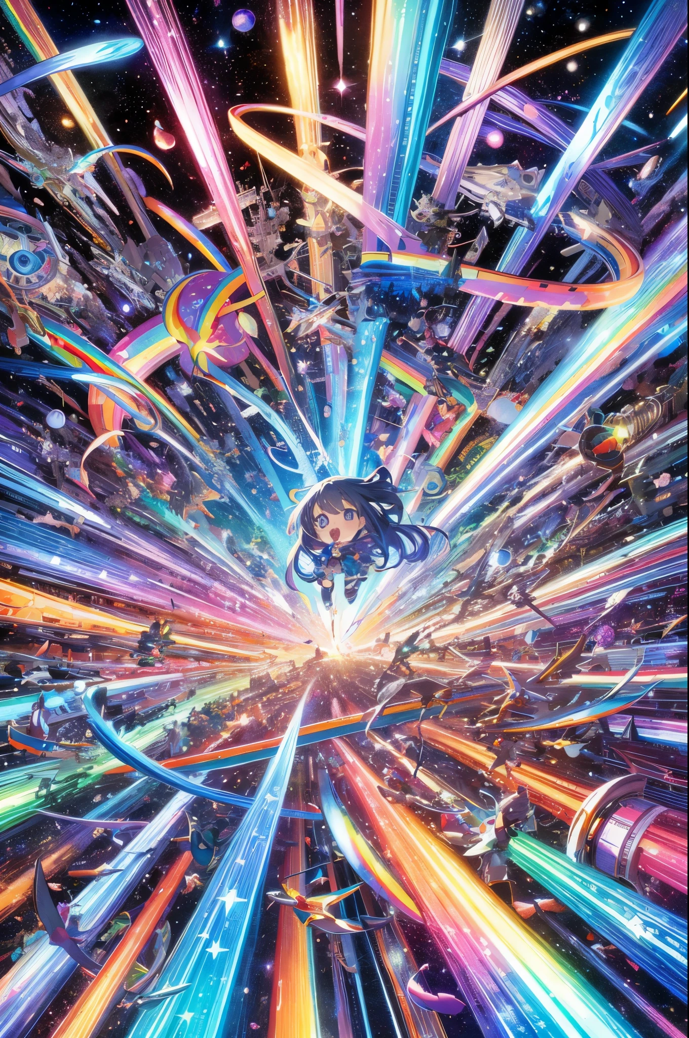 a close up of a colorful space filled with lots of stars, dreamy psychedelic anime, high detailed official artwork, official artwork, official anime artwork, intricate rainbow environment, detailed anime artwork, ufotable art style, detailed key anime art, anime art nouveau cosmic display, hyper colorful, anime epic artwork, anime fantasy artwork, anime abstract art, colorful explosion