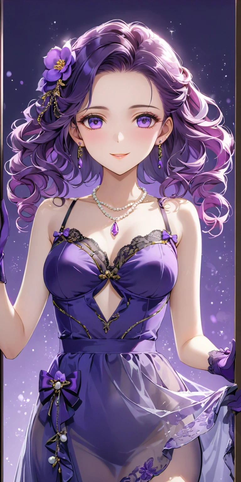 diy10,On purple and white bed,A woman in a purple dress、Black woman standing。She plays a character from a Japanese anime,Exudes an alluring charm。Fine lace adorns her clothes,Sparkly heels complement purple gloves。Pearl necklace embellishes the neck,Curly hair caresses shoulders。Stand sideways with a smile,Stand by the window,against purple background,Presents exquisite makeup。Through transparent glass windows,Soft light shines in it,breeze blows,Make his clothes flowing。Hands hang naturally,The body is filled with the fragrance of violet perfume。The overall shape shows a silk texture,High-waisted design,Wear small earrings,The background is decorated with elegant purple flowers and delicate purple bows,Presenting a charming and elegant picture。