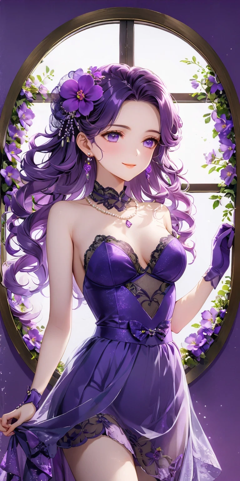 diy10,On purple and white bed,A woman in a purple dress、Black woman standing。She plays a character from a Japanese anime,Exudes an alluring charm。Fine lace adorns her clothes,Sparkly heels complement purple gloves。Pearl necklace embellishes the neck,Curly hair caresses shoulders。Stand sideways with a smile,Stand by the window,against purple background,Presents exquisite makeup。Through transparent glass windows,Soft light shines in it,breeze blows,Make his clothes flowing。Hands hang naturally,The body is filled with the fragrance of violet perfume。The overall shape shows a silk texture,High-waisted design,Wear small earrings,The background is decorated with elegant purple flowers and delicate purple bows,Presenting a charming and elegant picture。