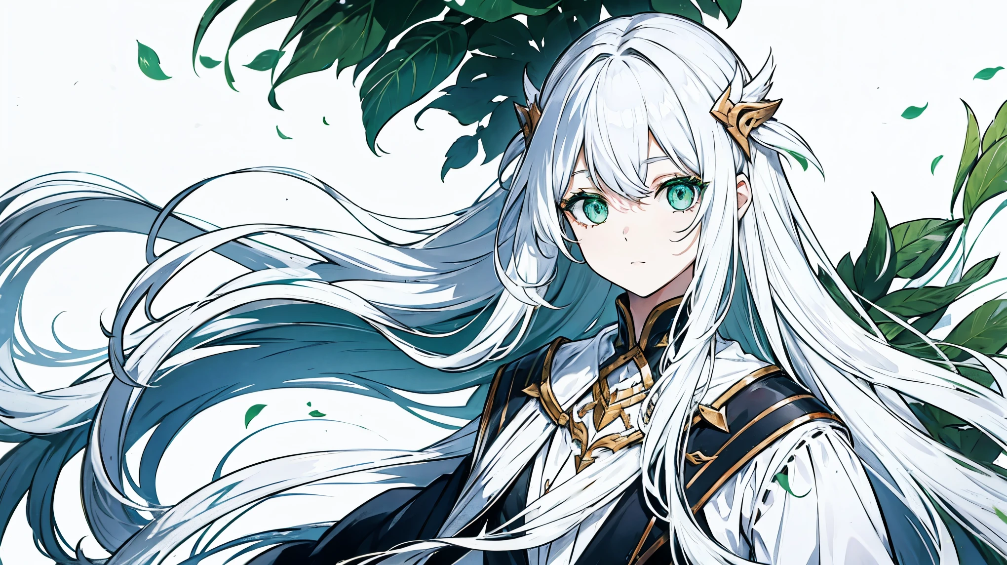 Long white hair, green eyes