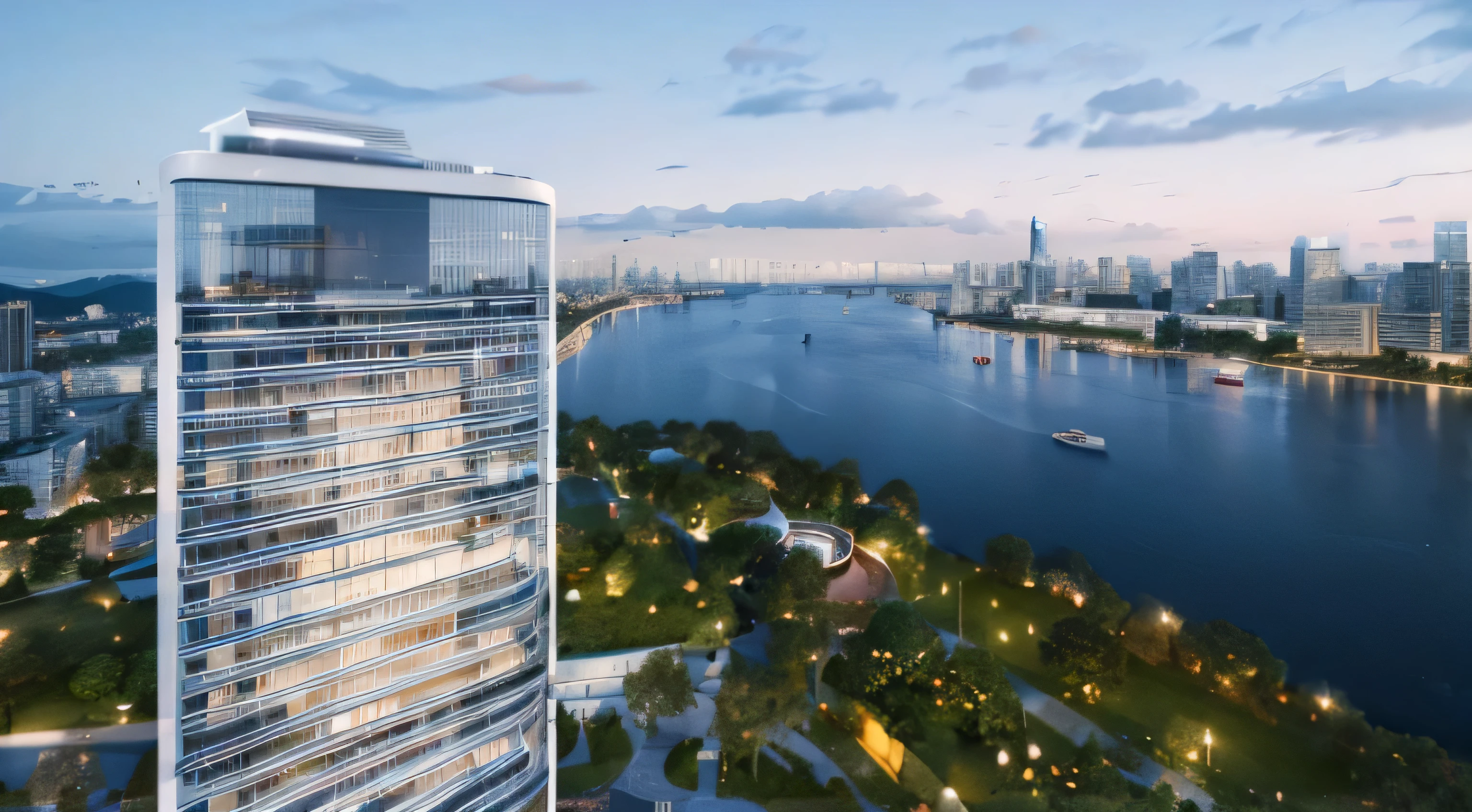 Rendering of city skyline with river and boats, by Zha Shibiao, Photos from 2022, artistic rendering, inspired by Zha Shibiao, Hangzhou, full view, Vision, zenith view, Super detailed!, big deal!!!!!!!!!!!!, Shoot in the morning, Stunningly detailed, Inspired by Tadao Ando, neo kyiv