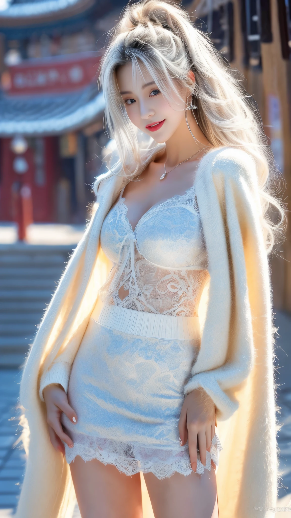 （（（（White fox with 9 tails））））Masterpiece, Best Quality , 1 Girl fox ears white haire, fox ears white Hair, Long Hair, Detailed Eyes, Forrest Gump, Bare Shoulders, Lake, Pure, Soft Smile, bamboo, teavisible pubic hair, big and curvy hips, with an antique feel, no panties, visible vagina, Bare chest, no panties Naked, no clothes Skin, Long Hair, (Shut Up: 1.3), Full Body