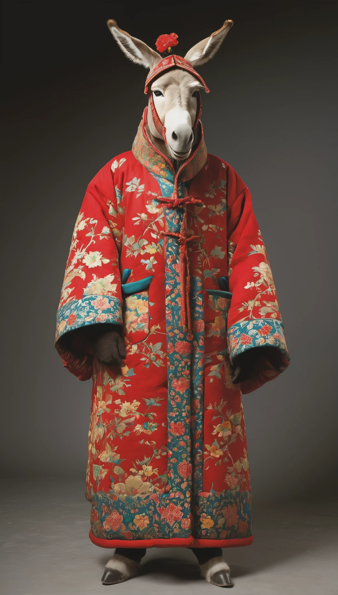 personification，Donkey man，Donkey-headed man，Wearing a Northeastern red floral thick cotton coat，Cross your arms，Head turned to one side stubbornly，8k，high quality，masterpiece