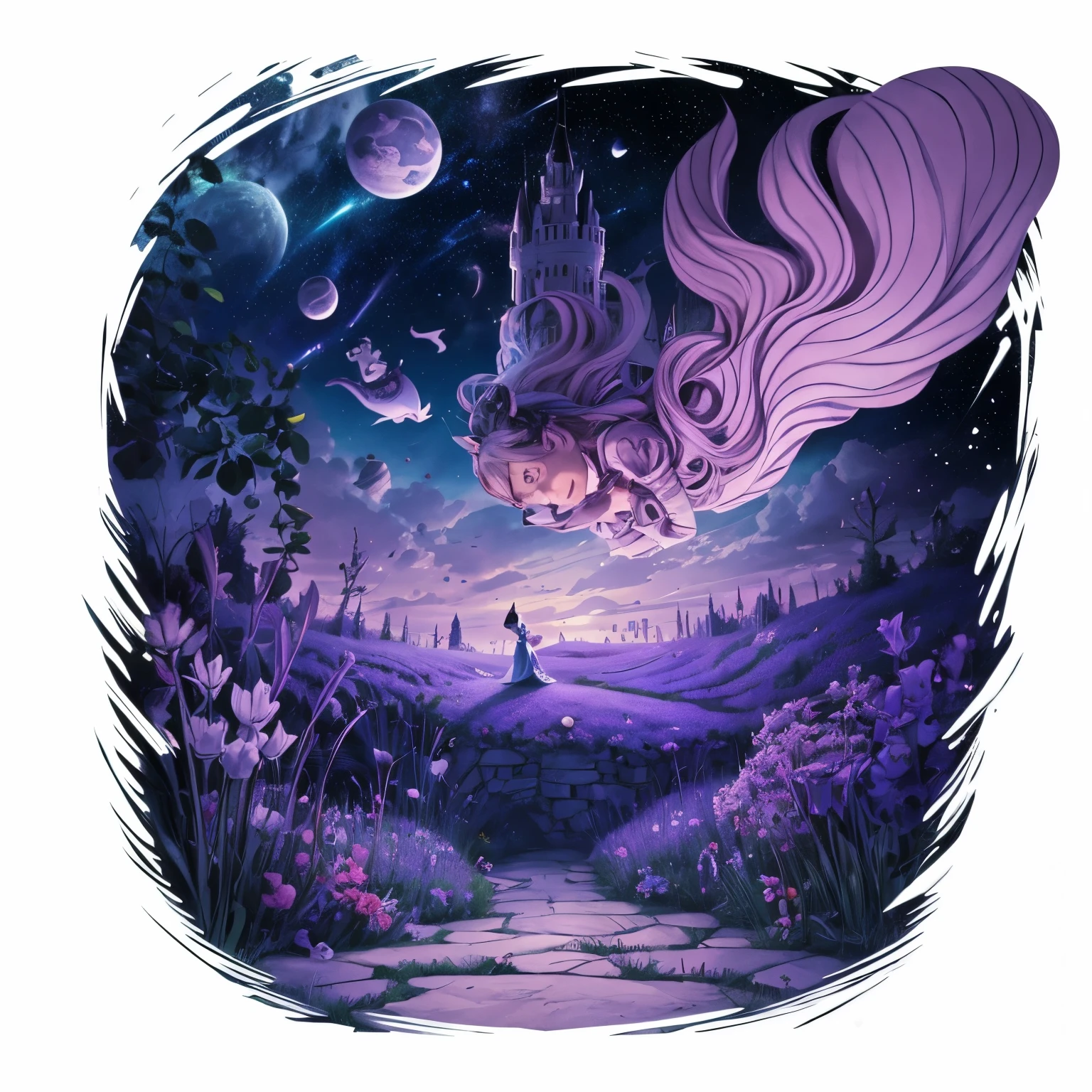 Lewis Carroll, Alice in the Country, Create an illustration of the Cheshire Cat dissolving in the air, where its smile and eyes remain suspended in space, creating the visual illusion of being bodyless