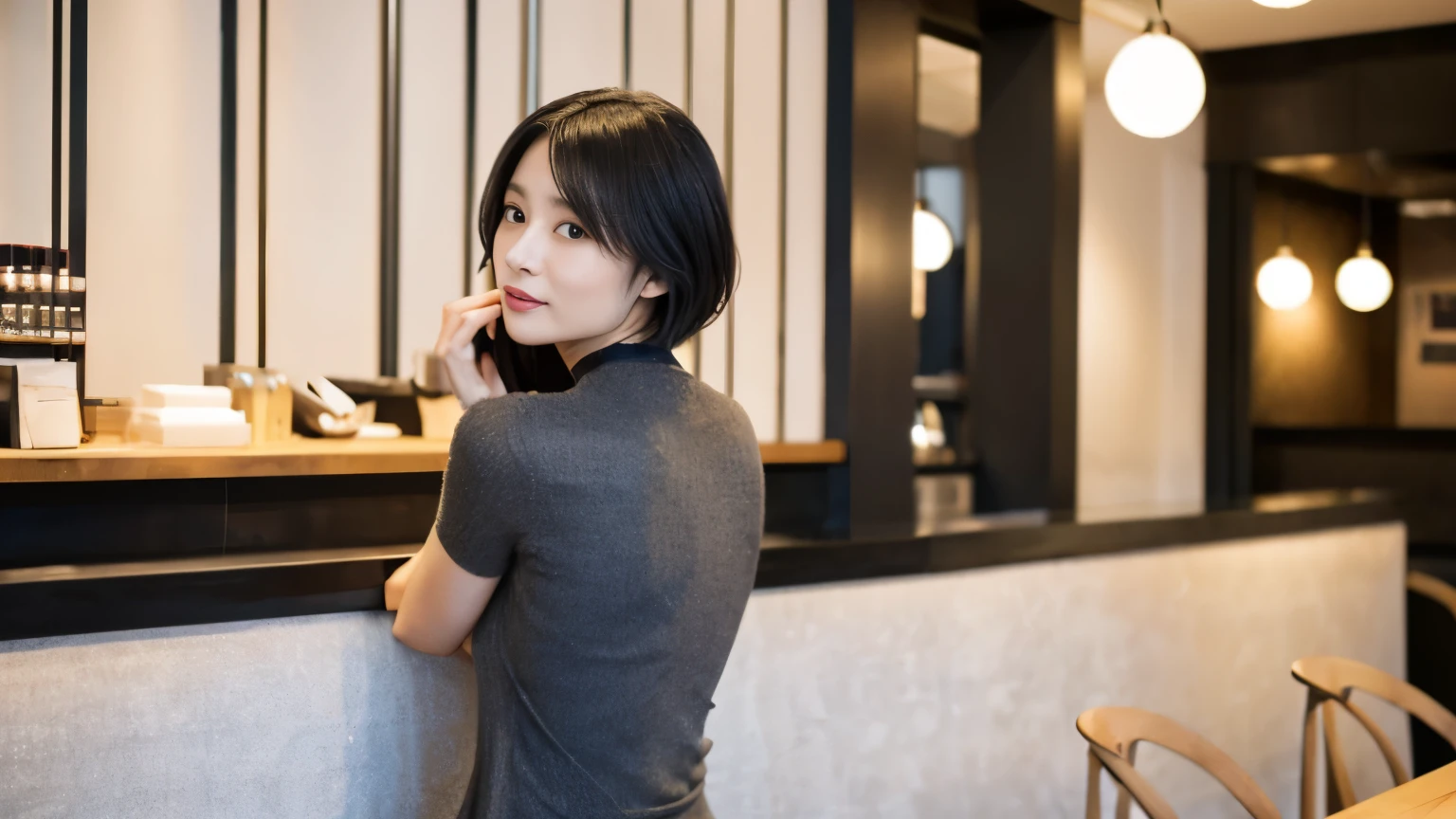 japanese woman, Beauty salon model 30 years old, slender body shape, small breasts, very thin waist, beautiful face, beautiful eyes, black short hair, She wears tight, Short gray knit dress with open back design., Sitting in a fashionable café, look back at you kindly, 1 girl, alone, detailed face and eyes, small fingers and arms. full body photo. realistic, realistic., choker