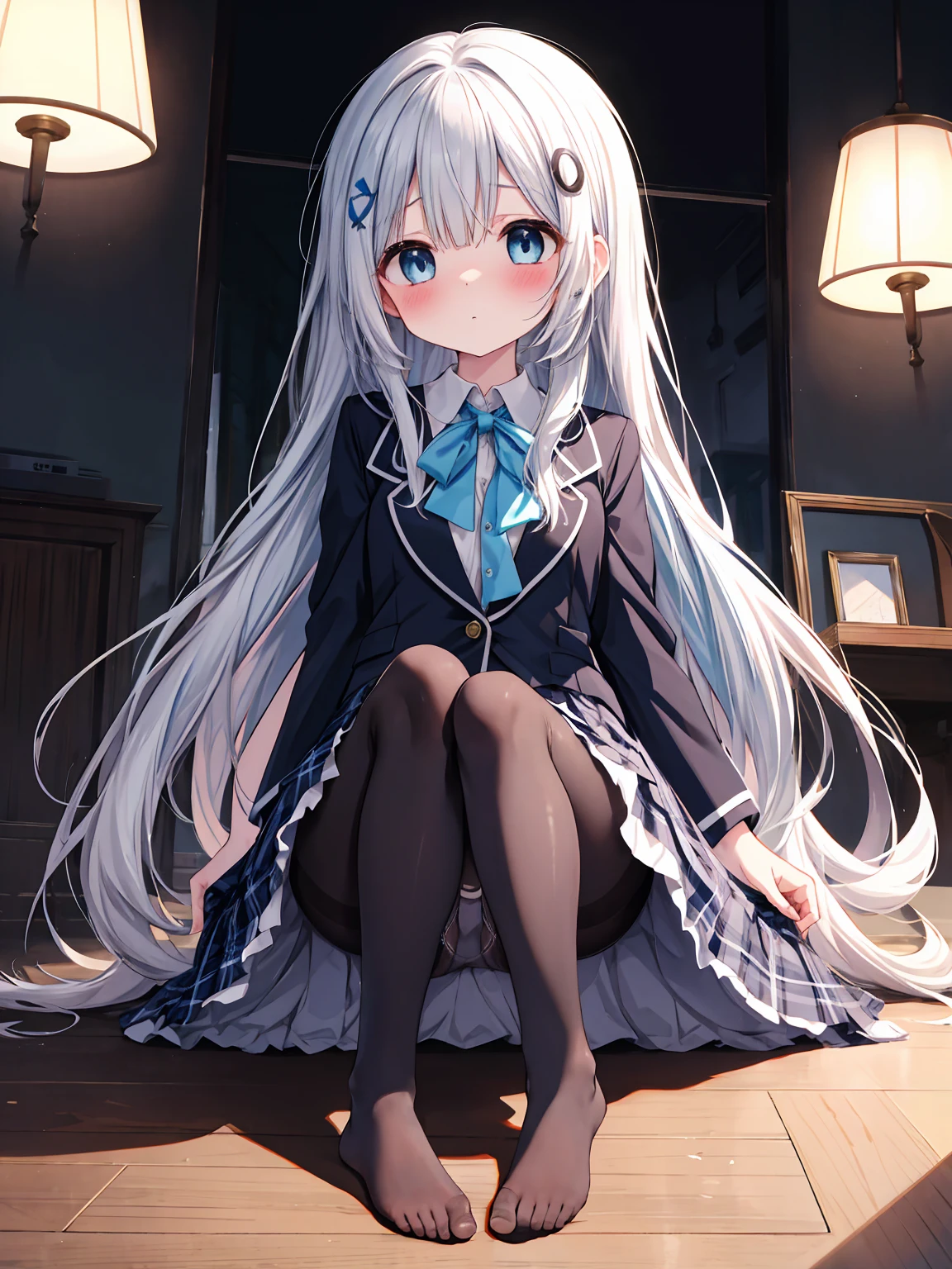 (ultra-intricate pupil in eyes, shiny eyes), long eyelashes, double eyelids, parted lips, kawaii, cute, ( flat chest), slender, (ultra delicate and beautiful skin), insanely detailed clothes, perfect anatomy, dynamic angle, BREAK (masterpiece, best quality), (ultra-detailed 8K), (perfect design), absurdres, highres, ((blush)), (super fine illustration), ((light blue long hair))), , long hair ((blush)), masterpiece, best quality, (amazing, beautiful detailed eyes, blunt bangs), one person、((Composition from a distance that fits the entire body))、(From the head((full body to the toes)))、sit、((M-shaped legs))、legs open、Legs are spread、arm is hidden、Arms tied、small breasts、((not wearing shoes))、((Black pantyhose with darker color at the toes))、(black pantyhose): 1.2)、((White panties visible through stockings))、I'm not wearing shoes、shy big eyes、(bangessy hair、(Barrette)、light blush、solo、looking at the camera、White panties are visible、 Composition looking up from slightly below、high school uniform blazer、high school uniform white blouse、high blue ribbon、High plaid and navy pleated skirt、long hair