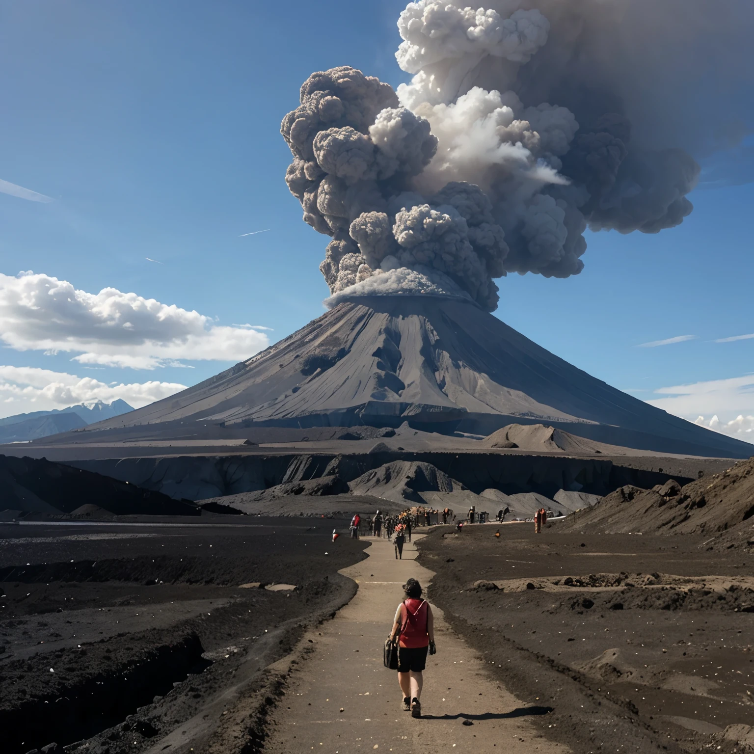 People evacuating from an erupting volcano