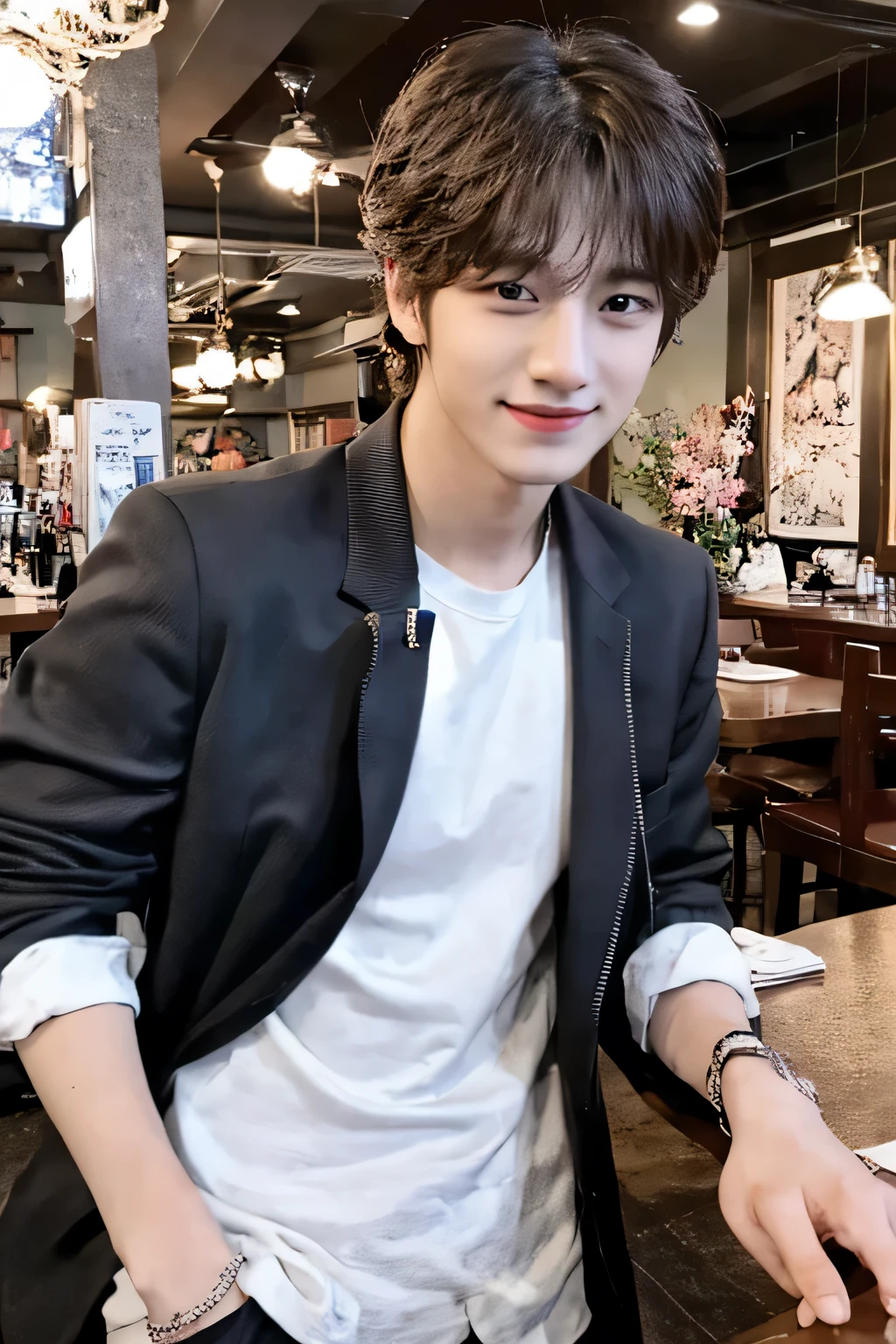 Photorealsitic, 8K full body portrait, a handsome, a 20-year-old man, detailed face、Super handsome、ideal junior、perfect face、detailed images、Korean boy looking at me and smiling、model、Idol、korean boy、Jungkook、medium hair、Date Day、Look at me and smile、city、meeting、turn around、sexy look、