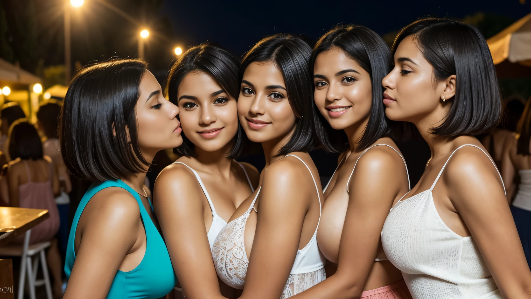 Isabel Merced, group of girls in summerdresses (long bob_cut hair), enjoying the nightlife of greece, smiling, (kissing:1.2), (skin texture:1.1), (high detail face:1.1), full bodyshot, high detail body, high detail clothes, (big breasts:1.3),(masterpiece), (realistic), ultra high definition, 4k, ultra high resolution, cinematic lighting, rim lighting, photo by Arny Freytag, RAW image