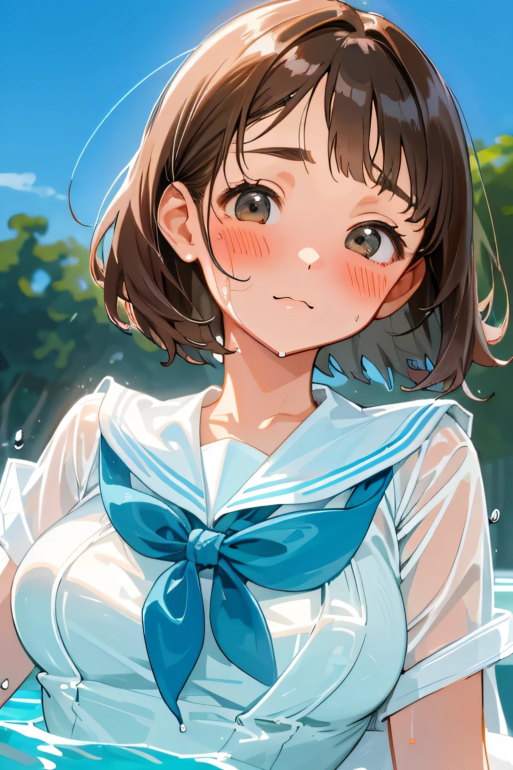 (highest quality:1.5)、ultra high resolution、detailed background、masterpiece、anatomically correct、cute beautiful girl、(detailed beautiful face:1.4)、brown hair、bob cut、(big breasts:1.3)、realistic、perfect body line、Charm、Look at me with a very embarrassed expression、blush、Show the upper body、zoom up、White sailor suit made of see-through material、sailor color、Large home garden swimming pool、cute gesture、femininity、Cute impression、Emphasize health and beauty、the whole body gets wet、My clothes are wet and transparent、my hair is wet too、cute