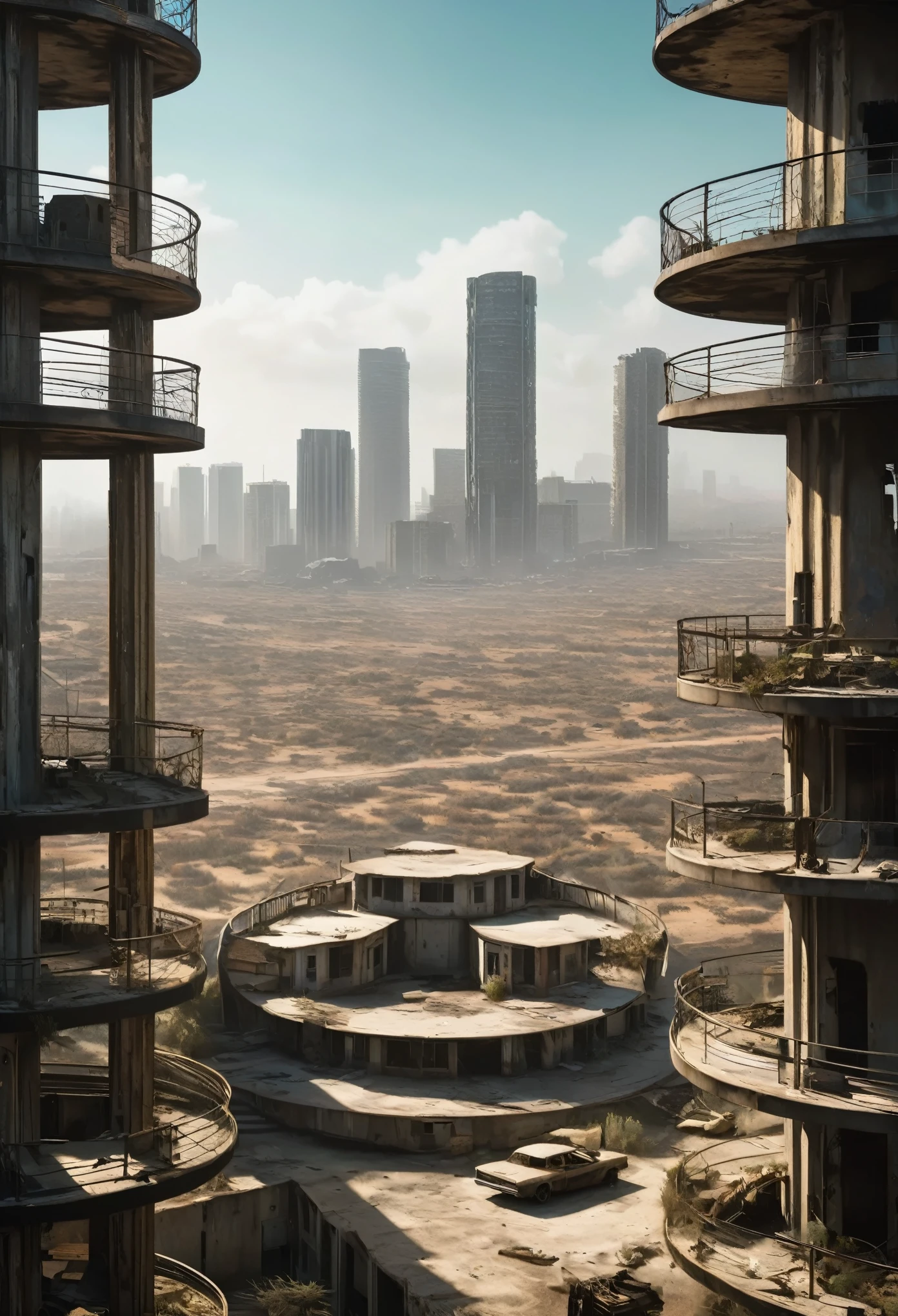 image of the view from inside the balcony of a tall circular tower in the center of a post-apocalyptic North American megalopolis, visao de toda cidade, a cidade tem tons de cinza, has smoky structures, carros abandonados nas ruas, desert megalopolis, as realistic as possible, as detailed as possible