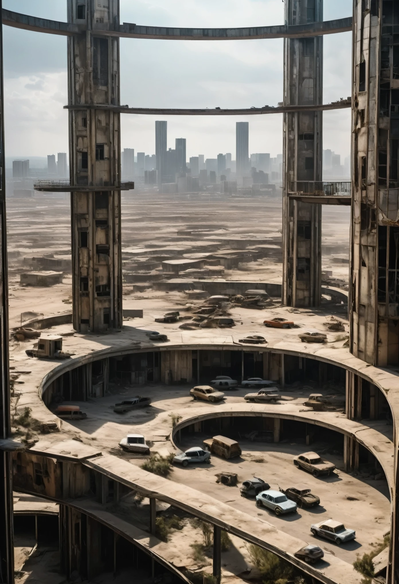 image of the view from inside the balcony of a tall circular tower in the center of a post-apocalyptic North American megalopolis, visao de toda cidade, a cidade tem tons de cinza, has smoky structures, carros abandonados nas ruas, desert megalopolis, as realistic as possible, as detailed as possible