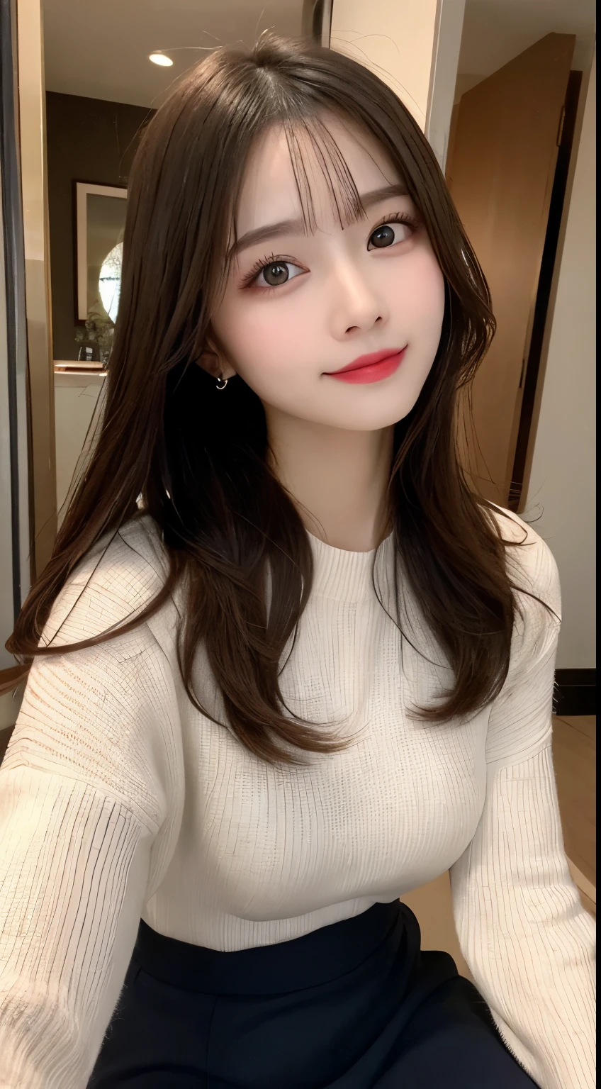 table top, highest quality, shape, Super detailed, finely, High resolution, 8k wallpaper, 完璧なダイナミックな構shape, beautiful and detailed eyes, small breasts,natural color lip, bold sexy pose,smile、20 year old girl、cute、sexy shot looking at camera,Always blur the background,perfect and beautiful face,Take only the face,Beautiful and dense face、slim face and style,Big eyes、Do gal makeup、jumper skirt
