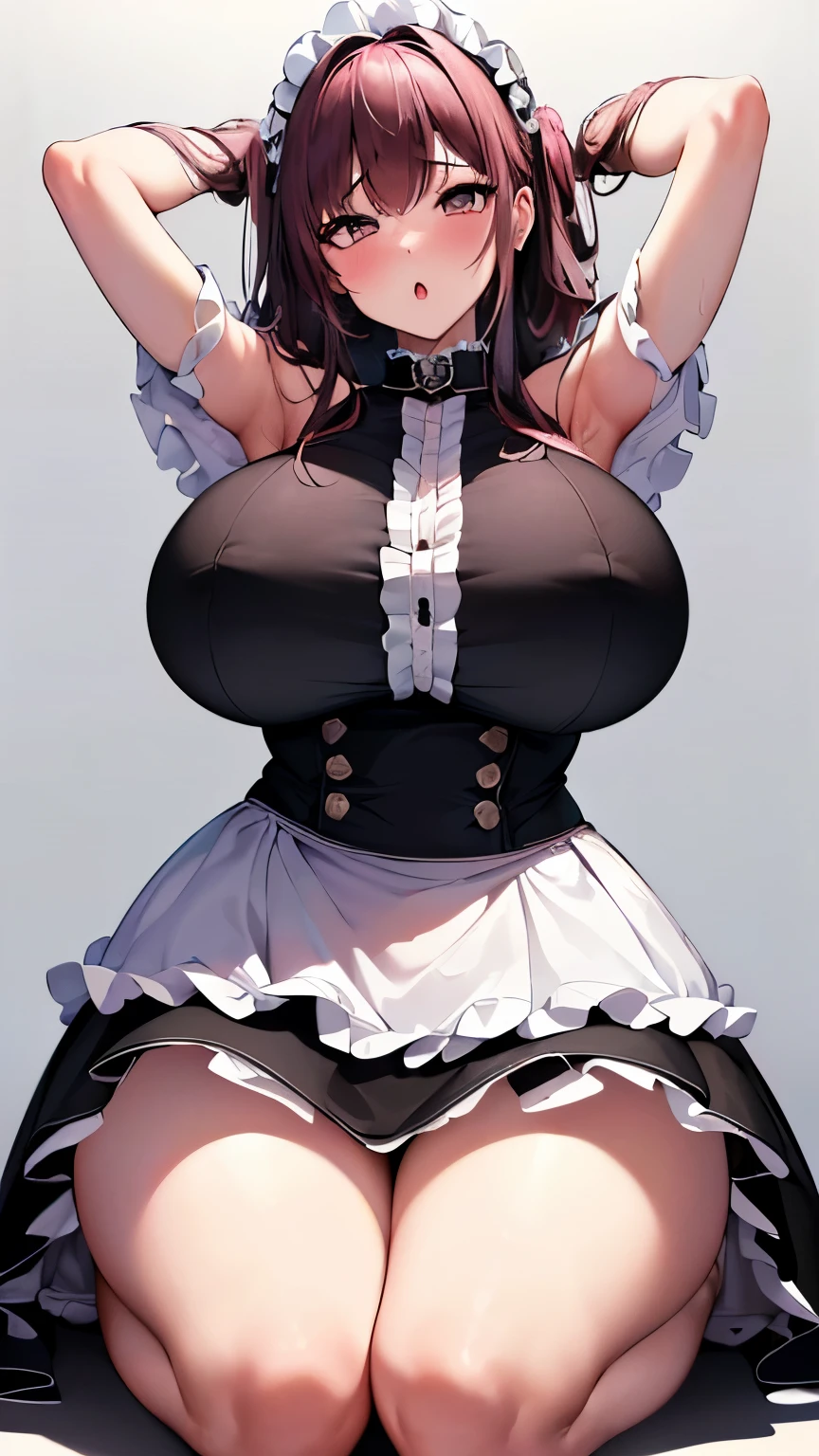 (8K, highest quality, masterpiece:1.2),\(eye\),(\(Clothes details\)\),(huge tit) ,High-definition CG Unity 8k Huge file size,Super detailed,High resolution,美しいeye,ray tracing,dramatic shadow,finely,hyper detail,(1 girl:1.3),(alone),wearing(cute black dress with white frills、black skirt、pink panties),blush、big ass、((two dimensional woman、anime style))、(simple background)、embarrassing、((milf))，Married woman、((cowboy shot))、((Kneeling with your legs slightly open))、white stockings、((hands behind head))、raise your butt、((open your mouth vertically))、