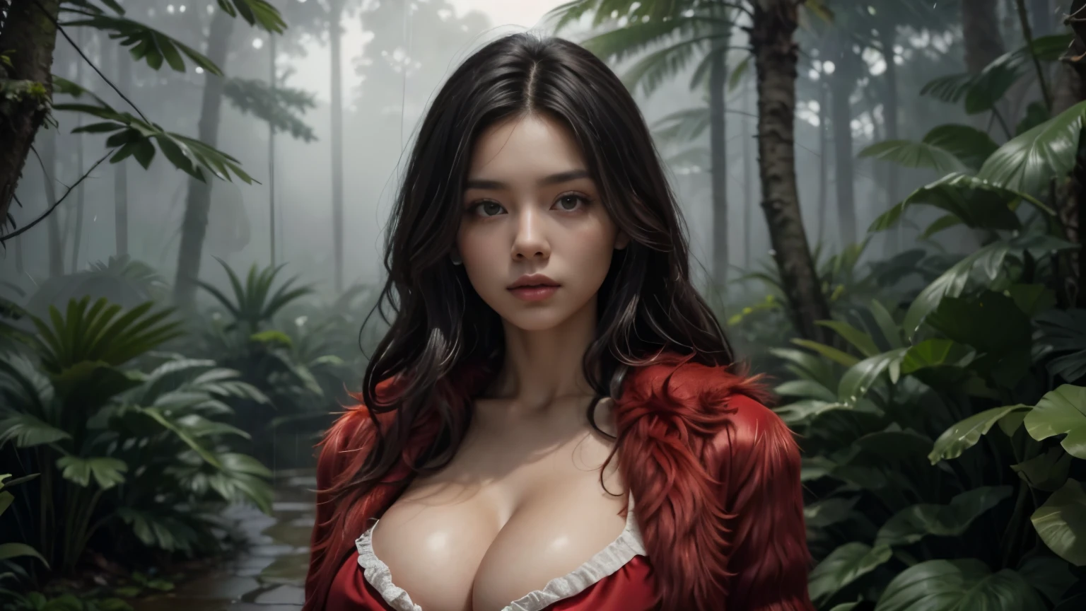 Best quality, masterpiece, Beautiful, young latina woman, looking straight at viewer, wearing simple red blouse, red fur coat on top, posing on path, professionalism, age, detailed face, detailed body, symmetric face, big cute eyes, cute face, dynamic pose, deep cleavage, perfect anatomy, photorealistic, curvy body, black braid hair, 8k, ultra realistic, foggy rain forest background, rainy weather, wide desktop wallpaper, ambient occlusion