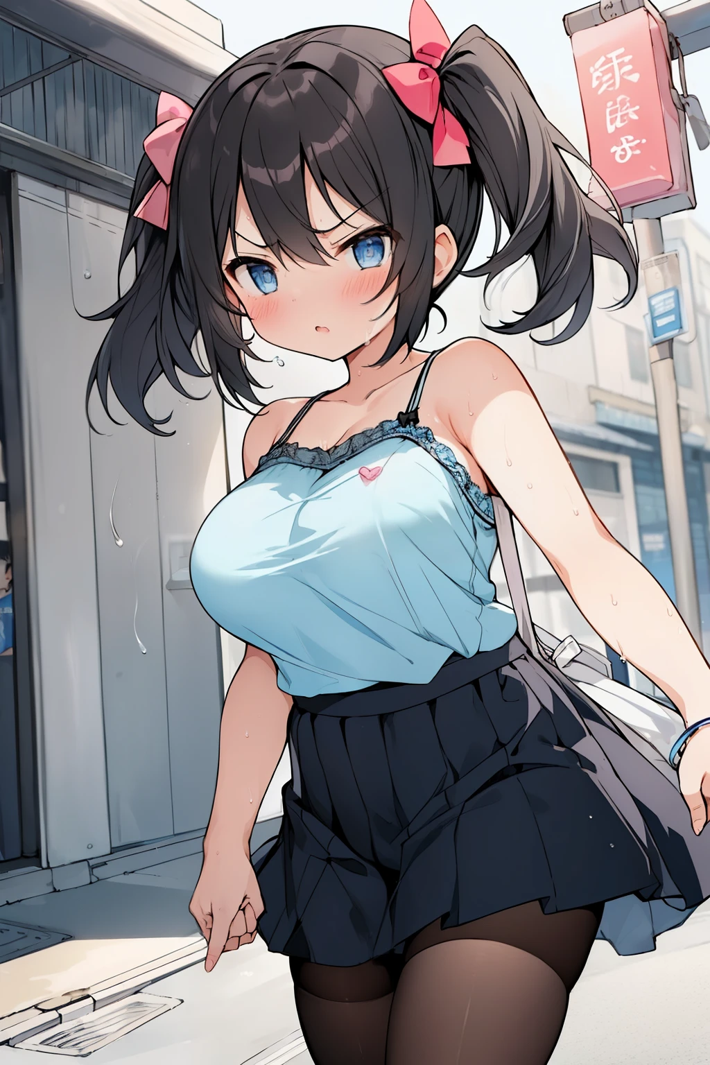 (( masterpiece, highest quality))), (girl)、NSFW(Loli、、cute、low length、black hair、blue eyes、Holding hands with a man、twin tails、(huge breasts:1.8、pink camisole、black ruffle skirt、tights)angry look、anger、((close)), ((flushed)),,,Sweat、street、perfect composition、close、
