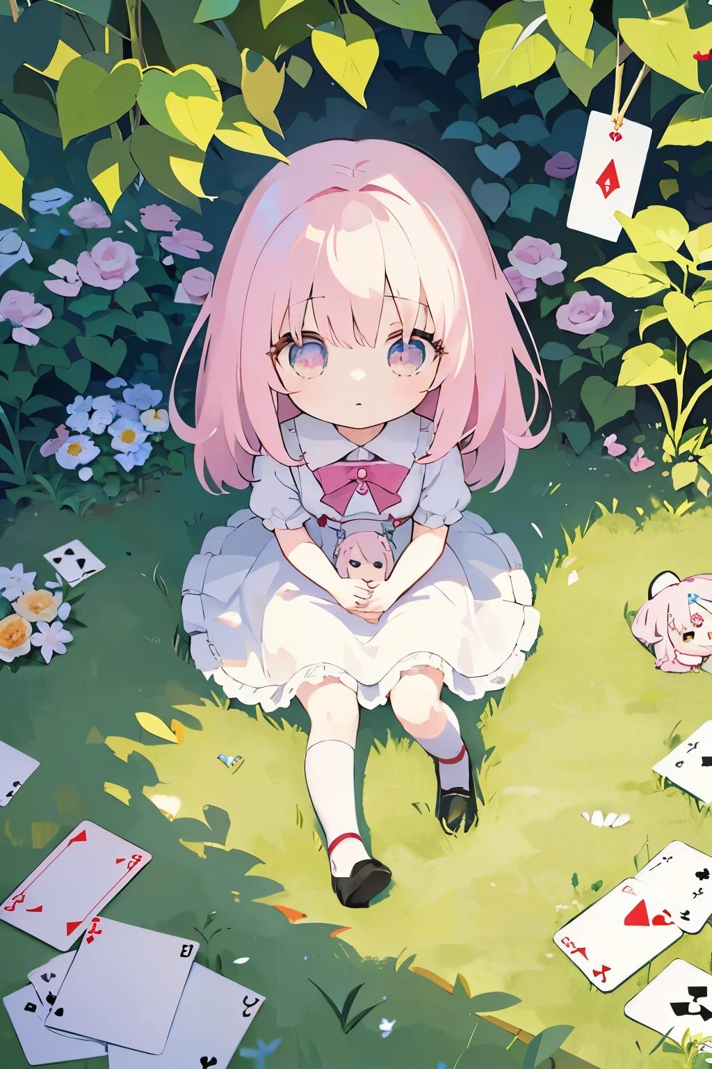 ()Please express the contents inside with a chibi girl doll.(Photoreal、playing card games、youth、after school、garden)
