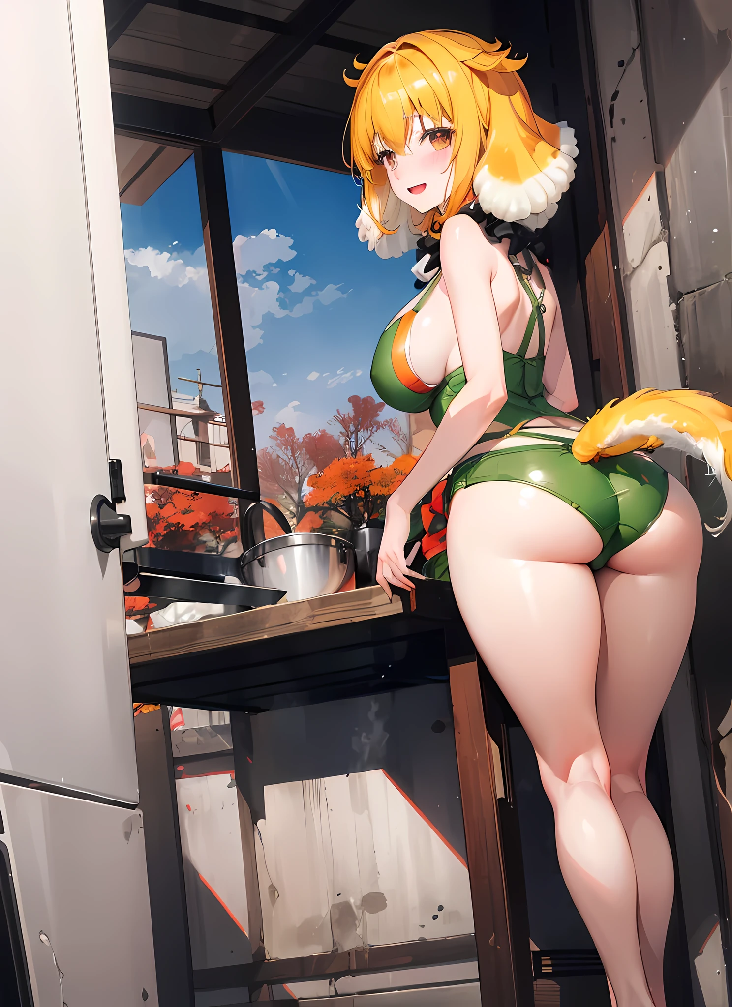masterpiece, best quality, roxanne, dog ears, collar, green loose hot pants, looking at viewer, garden, autumn, sunset, large breasts, smile edgYSD, woman wearing bright green hot pants, very voluminous very fluffy very long dog tail, dog tail starts immediately above butt, dog tail starts from skin, entire dog tail visible, short hair, flushed skin, blushing face, lewd smile, slightly open mouth, gravure, pinup, very long legs, no ears, front-facing