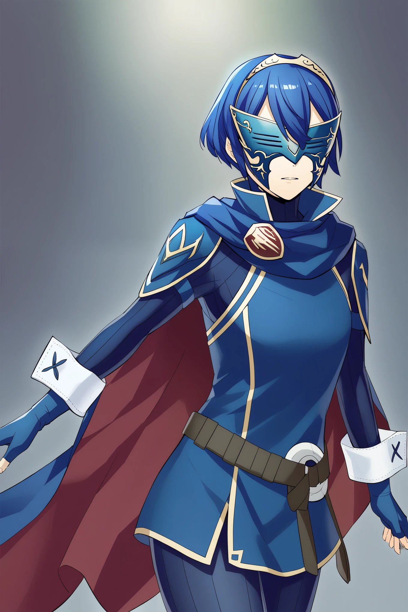defLucy, short hair, tiara, mask, covered eyes, cape, blue scarf, blue tunic, long sleeves, cuffs, fingerless gloves, belt, blue pants