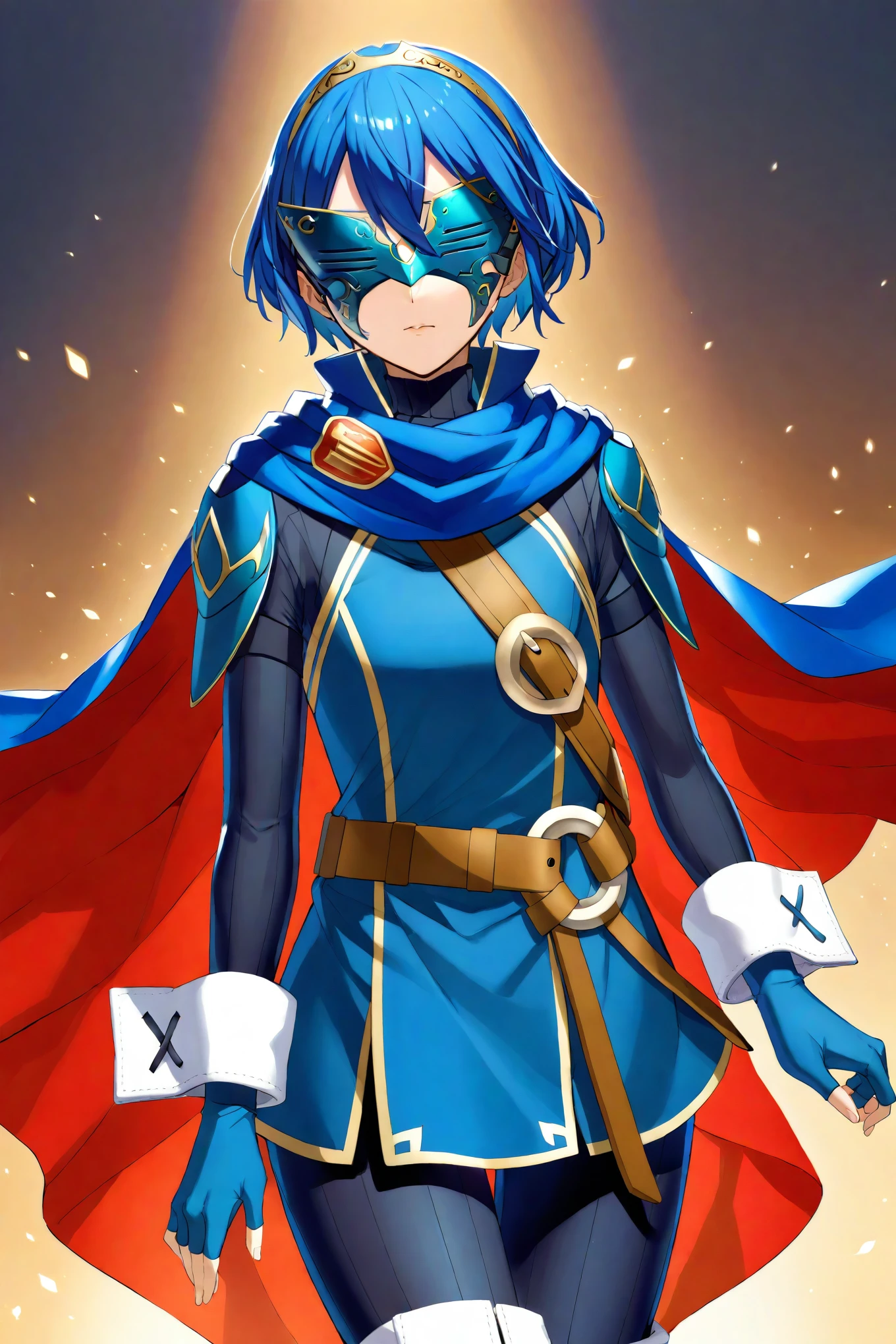 defLucy, short hair, tiara, mask, covered eyes, cape, blue scarf, blue tunic, long sleeves, cuffs, fingerless gloves, belt, blue pants