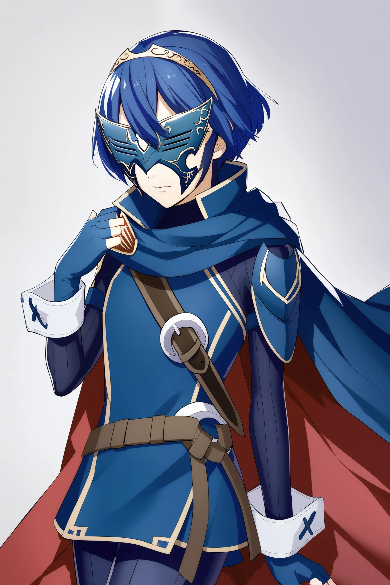 defLucy, short hair, tiara, mask, covered eyes, cape, blue scarf, blue tunic, long sleeves, cuffs, fingerless gloves, belt, blue pants