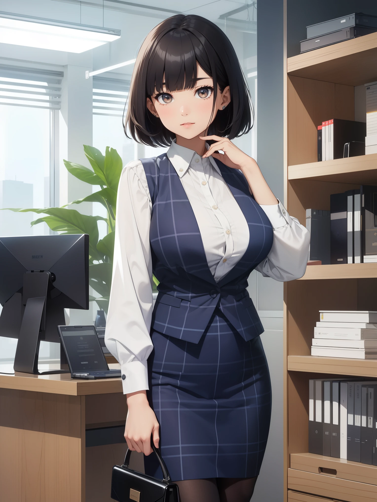 highest quality, debris flies、pretty woman、officeレディー、black hair、(brown eyes、big breasts、blunt bangs)、short hair、チェック柄のダークブルーのofficeスーツ)、new employee,full body shot、Female OL、break(checkered dark blue vest、white cutter shirt、Navy blue long tight pencil skirt:1.2)、(black tights、high heels)、break(office:1.3)、(((fold your hands in front of you)))