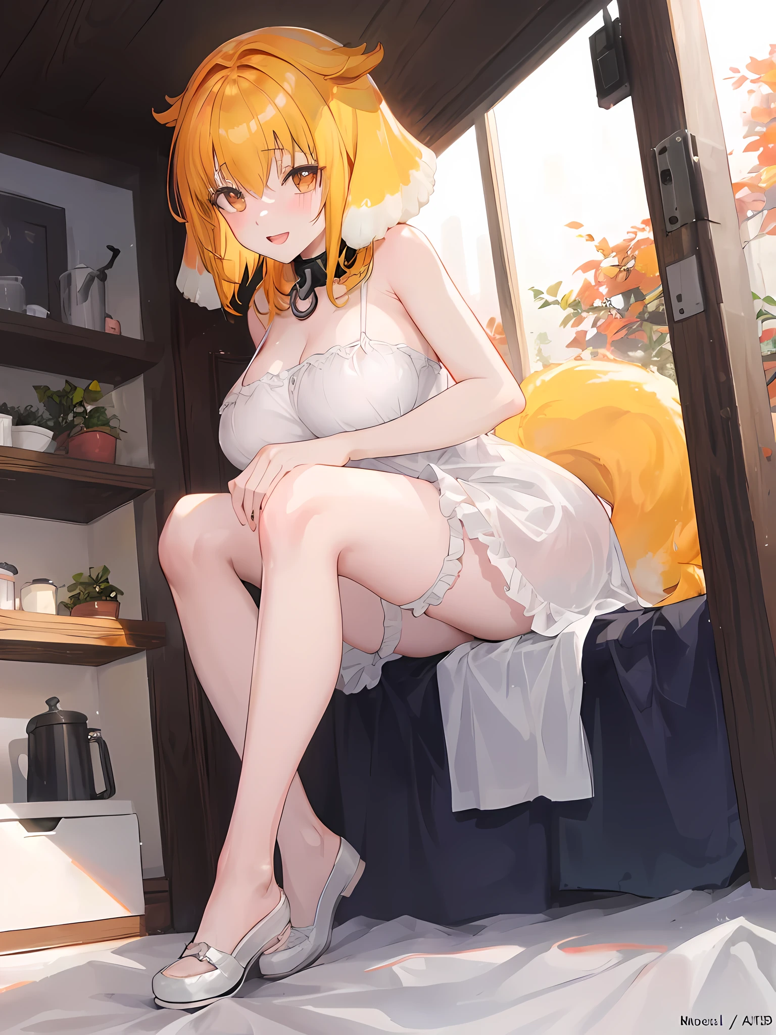 masterpiece, best quality, roxanne, dog ears, collar, sundress, looking at viewer, garden, autumn, sunset, large breasts, ass, smile edgYSD, woman wearing a sundress, very voluminous very fluffy very long dog tail, dog tail starts immediately above butt, dog tail starts from skin, entire dog tail visible, short hair, bloomers, flushed skin, blushing face, lewd smile, slightly open mouth, gravure, pinup, very long legs, no ears