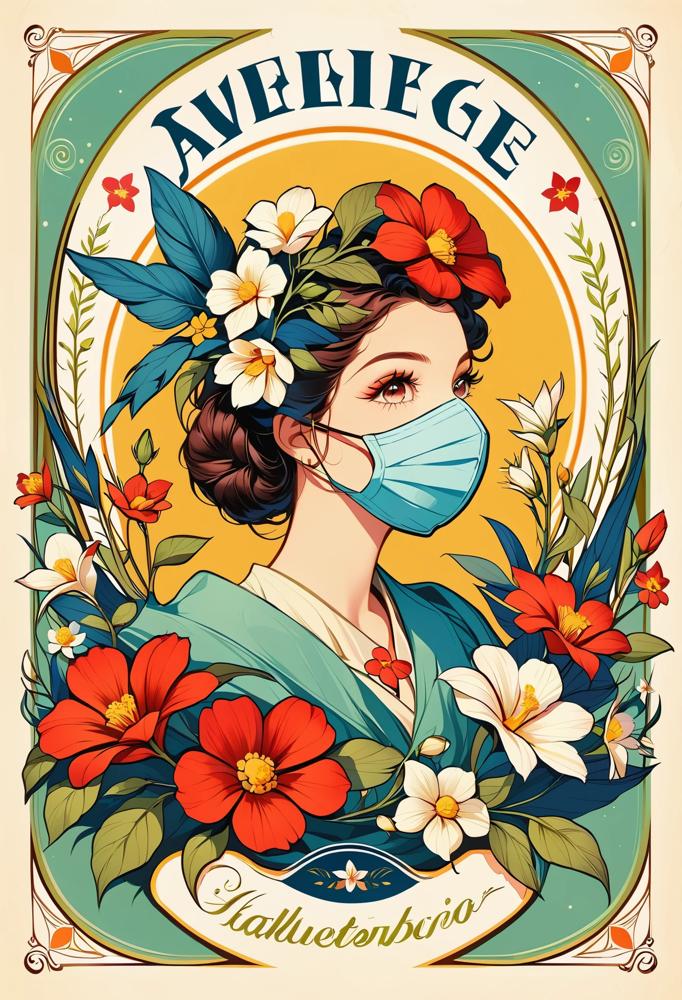 vintage，logo design，illustrator，Masks covered with flowers