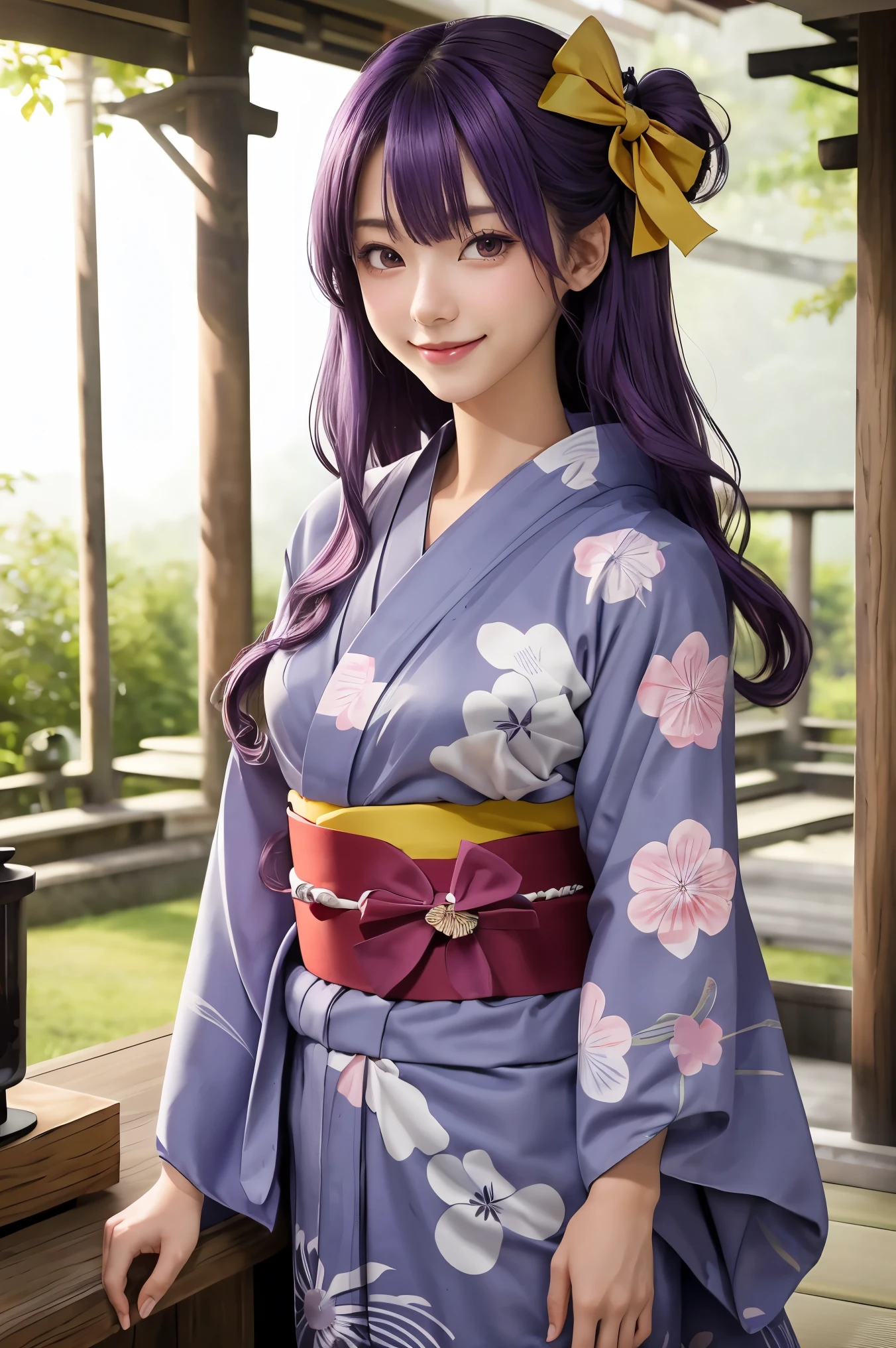 highest quality, masterpiece, High resolution, 1girl, japanese anime, (yukata:1.40), (kimono:1.20),  long hair, purple hair, bow, hair bow, purple eye, yellow bow, Similarly, pink Similarly, smile, tasuki